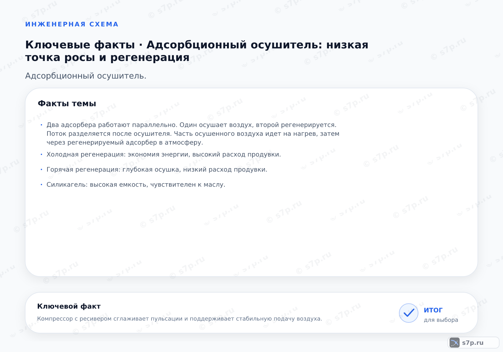 Карточки ключевых значений темы «Адсорбционный осушитель: низкая точка росы и регенерация»: Два адсорбера работают параллельно. Один осушает воздух, второй регенерируется. Поток разделяется после осушителя. Часть осушенного воздуха идет на нагрев, затем через регенерируемый адсорбер в атмосферу.; Холодная регенерация: экономия энергии, высокий расход продувки.