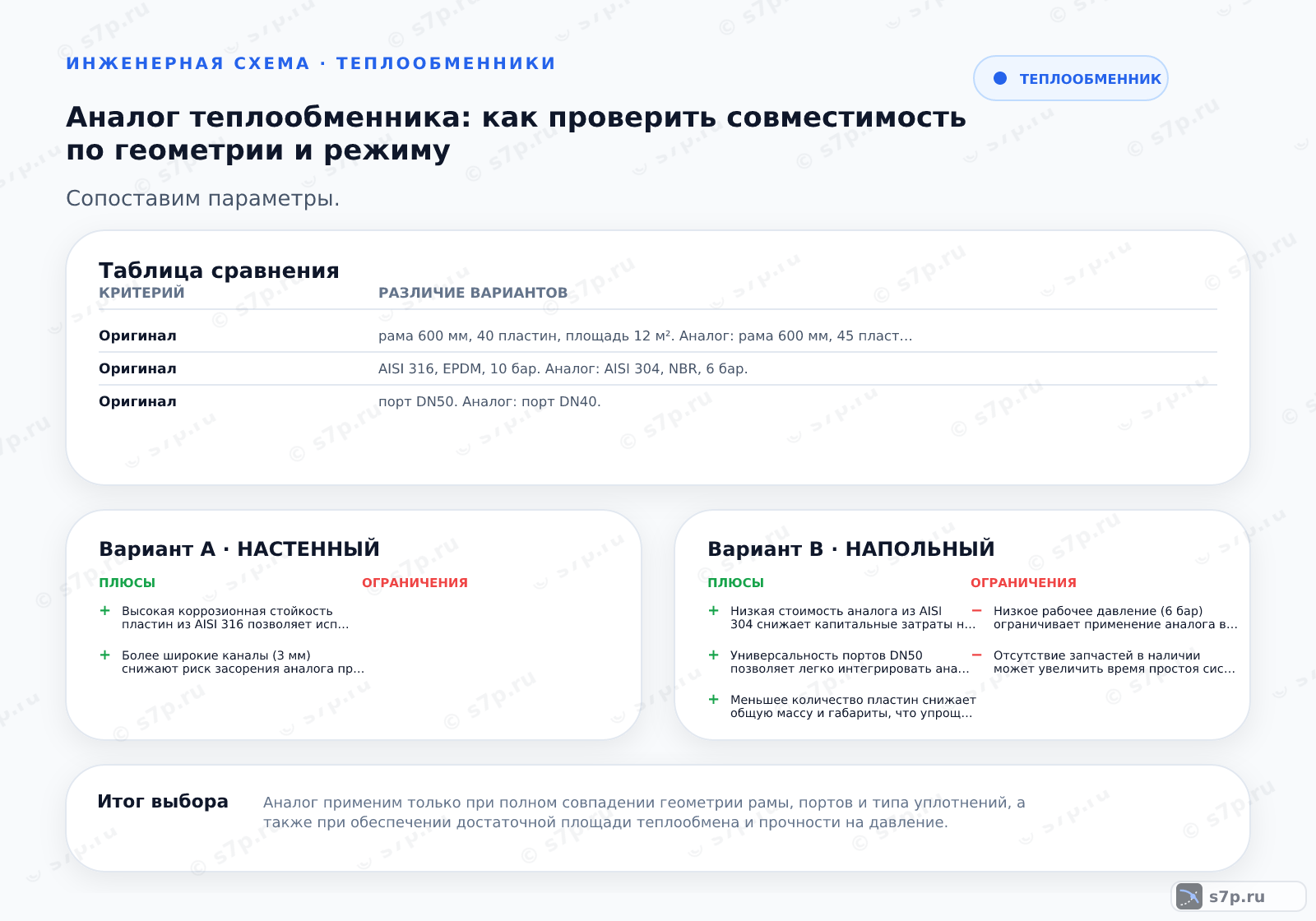 Hero-инфографика темы «Аналог теплообменника: как проверить совместимость по геометрии и режиму»: теплообменник; ключевые данные: Совместимость аналога определяется не названием, а точным совпадением геометрии рамы и каналов, а также проверкой гидравлического сопротивления и прочности на давление.; Пластина теплообменника — тонкий лист из нержавеющей стали с насечками, формирующий каналы для теплоносителя и увеличивающий площадь теплообмена.