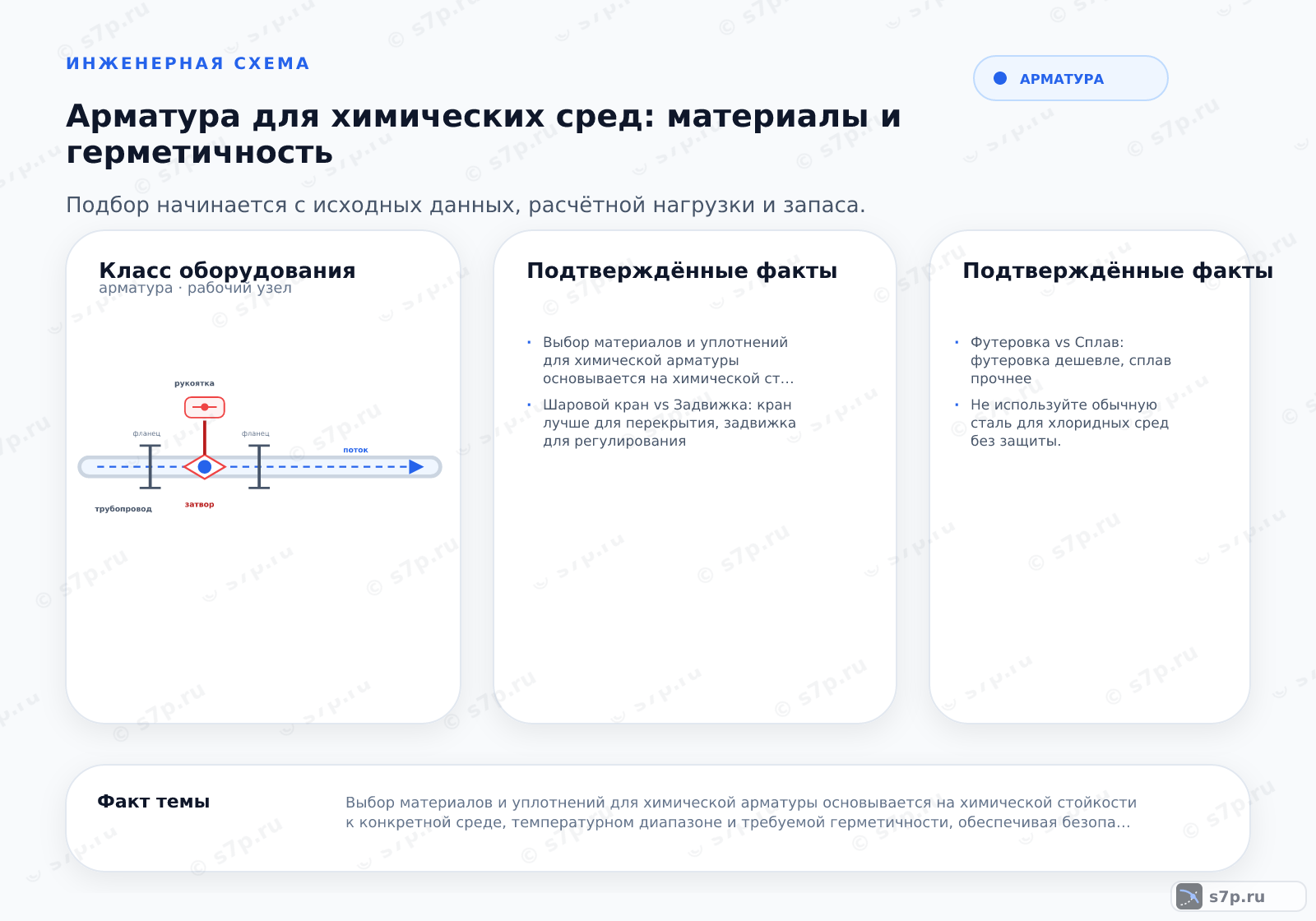 Hero-инфографика темы «Арматура для химических сред: материалы и герметичность»: арматура; ключевые данные: Выбор материалов и уплотнений для химической арматуры основывается на химической стойкости к конкретной среде, температурном диапазоне и требуемой герметичности, обеспечивая безопасность и долговечность трубопроводной системы.; Шаровой кран vs Задвижка: кран лучше для перекрытия, задвижка для регулирования