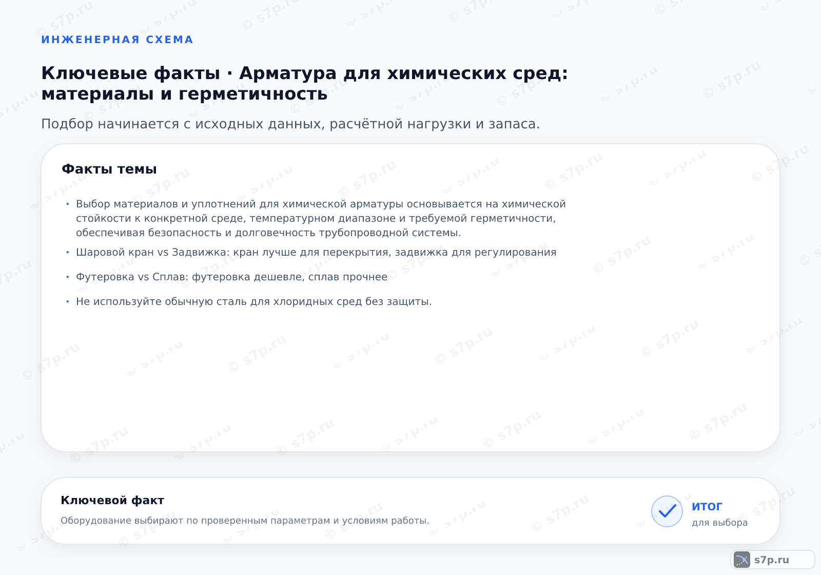Карточки ключевых значений темы «Арматура для химических сред: материалы и герметичность»: Выбор материалов и уплотнений для химической арматуры основывается на химической стойкости к конкретной среде, температурном диапазоне и требуемой герметичности, обеспечивая безопасность и долговечность трубопроводной системы.; Шаровой кран vs Задвижка: кран лучше для перекрытия, задвижка для регулирования