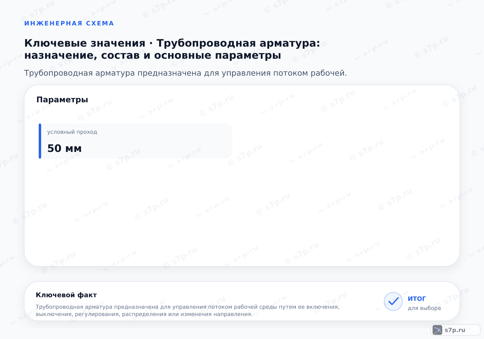 Карточки ключевых значений темы «Трубопроводная арматура: назначение, состав и основные параметры»: условный проход — 50 мм