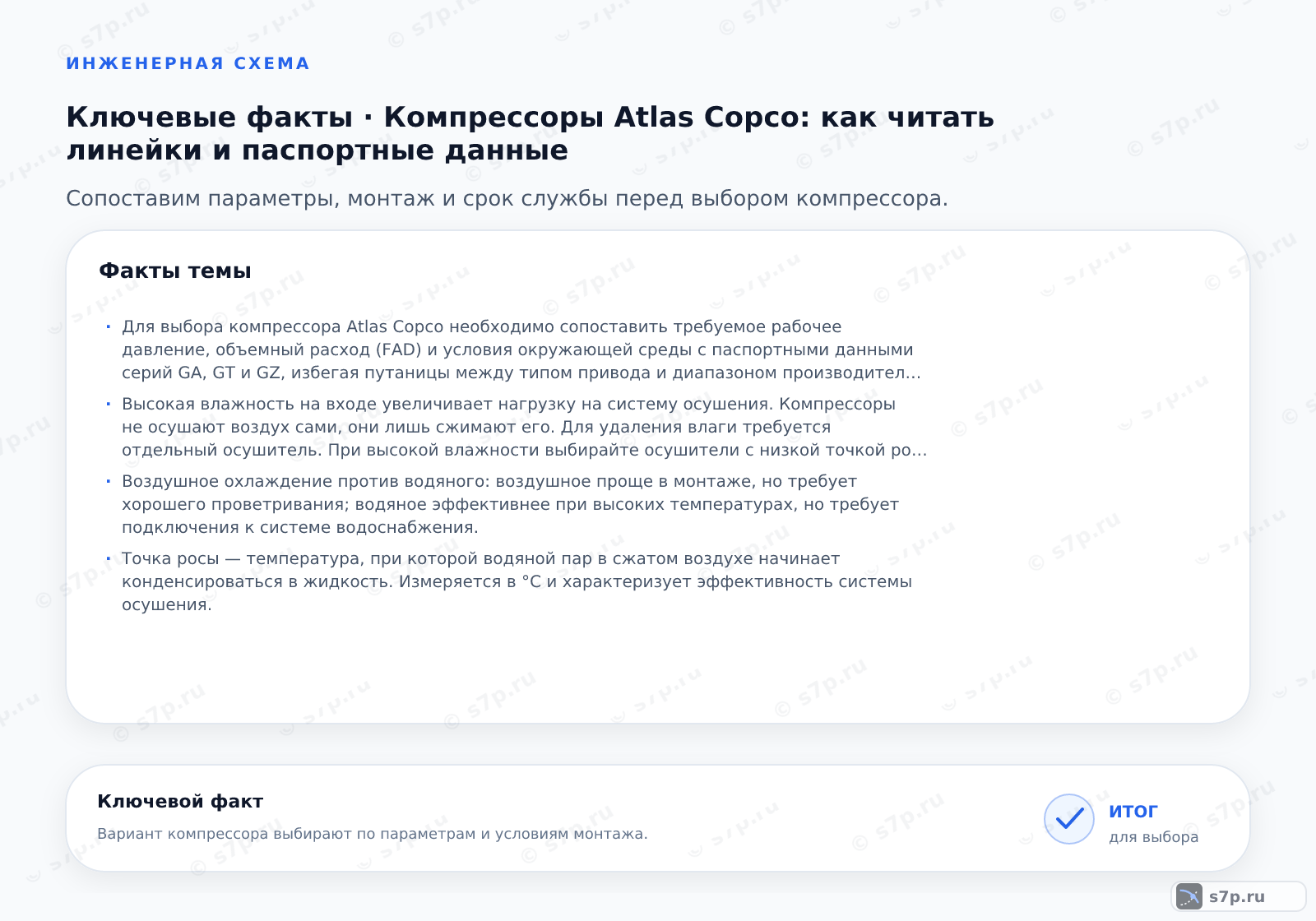 Карточки ключевых значений темы «Компрессоры Atlas Copco: как читать линейки и паспортные данные»: Для выбора компрессора Atlas Copco необходимо сопоставить требуемое рабочее давление, объемный расход (FAD) и условия окружающей среды с паспортными данными серий GA, GT и GZ, избегая путаницы между типом привода и диапазоном производительности.; Высокая влажность на входе увеличивает нагрузку на систему осушения. Компрессоры не осушают воздух сами, они лишь сжимают его. Для удаления влаги требуется отдельный осушитель. При высокой влажности выбирайте осушители с низкой точкой росы. Игнорирование этого параметра приведет к коррозии в трубопроводах и поломкам пневмоинструмента.