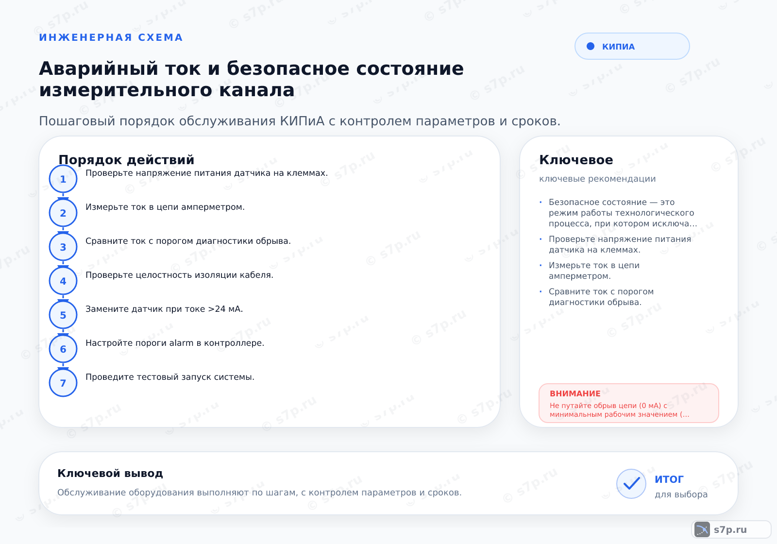 Hero-инфографика темы «Аварийный ток и безопасное состояние измерительного канала»: КИПиА; ключевые данные: ток аварийного обрыва — 22 мА; ток насыщения датчика — 24 мА