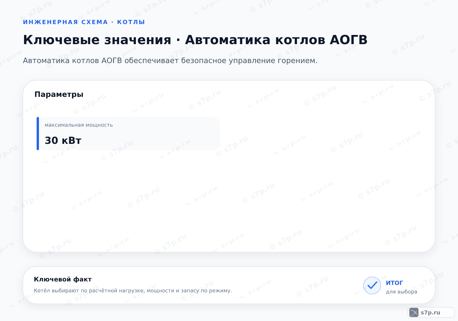 Карточки ключевых значений темы «Автоматика котлов АОГВ»: максимальная мощность — 30 кВт