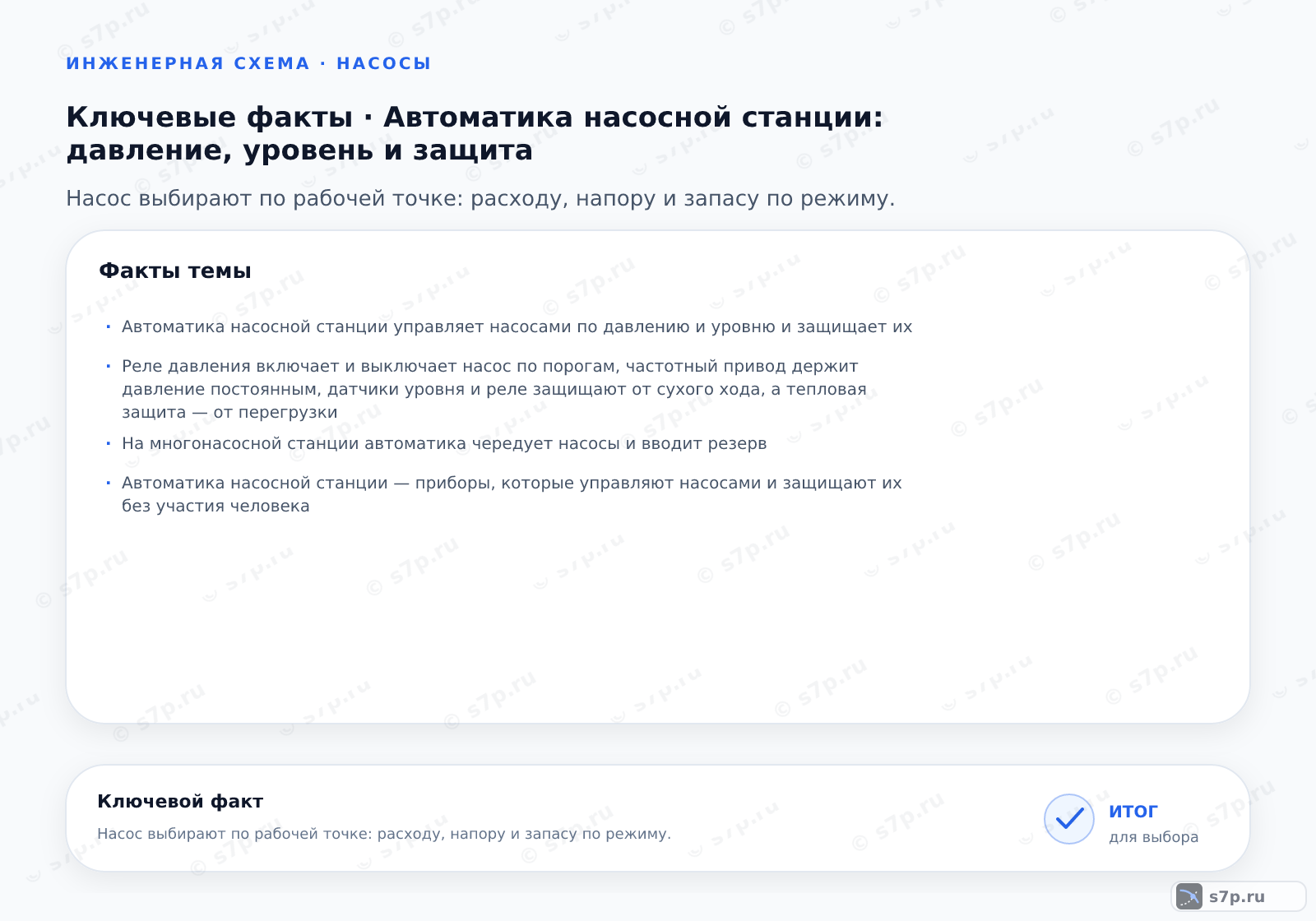 Карточки ключевых значений темы «Автоматика насосной станции: давление, уровень и защита»: Автоматика насосной станции управляет насосами по давлению и уровню и защищает их; Реле давления включает и выключает насос по порогам, частотный привод держит давление постоянным, датчики уровня и реле защищают от сухого хода, а тепловая защита — от перегрузки
