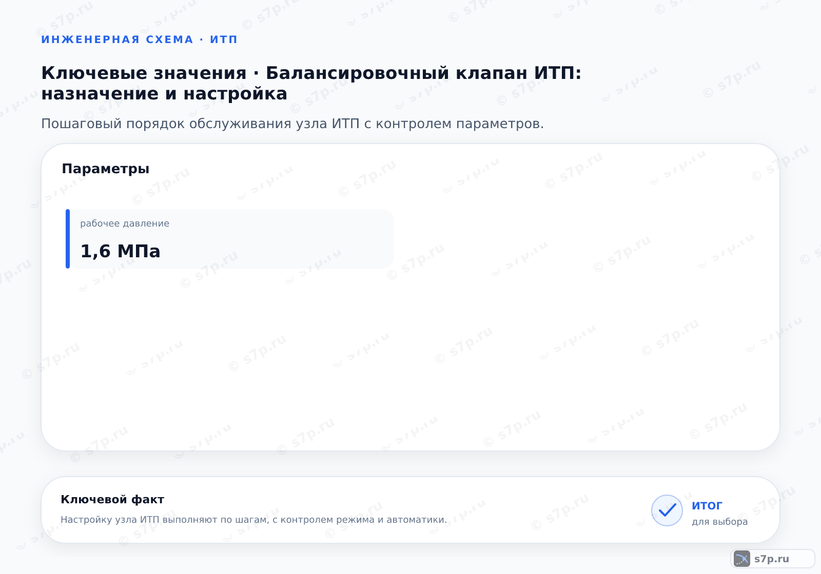Карточки ключевых значений темы «Балансировочный клапан ИТП: назначение и настройка»: рабочее давление — 1,6 МПа
