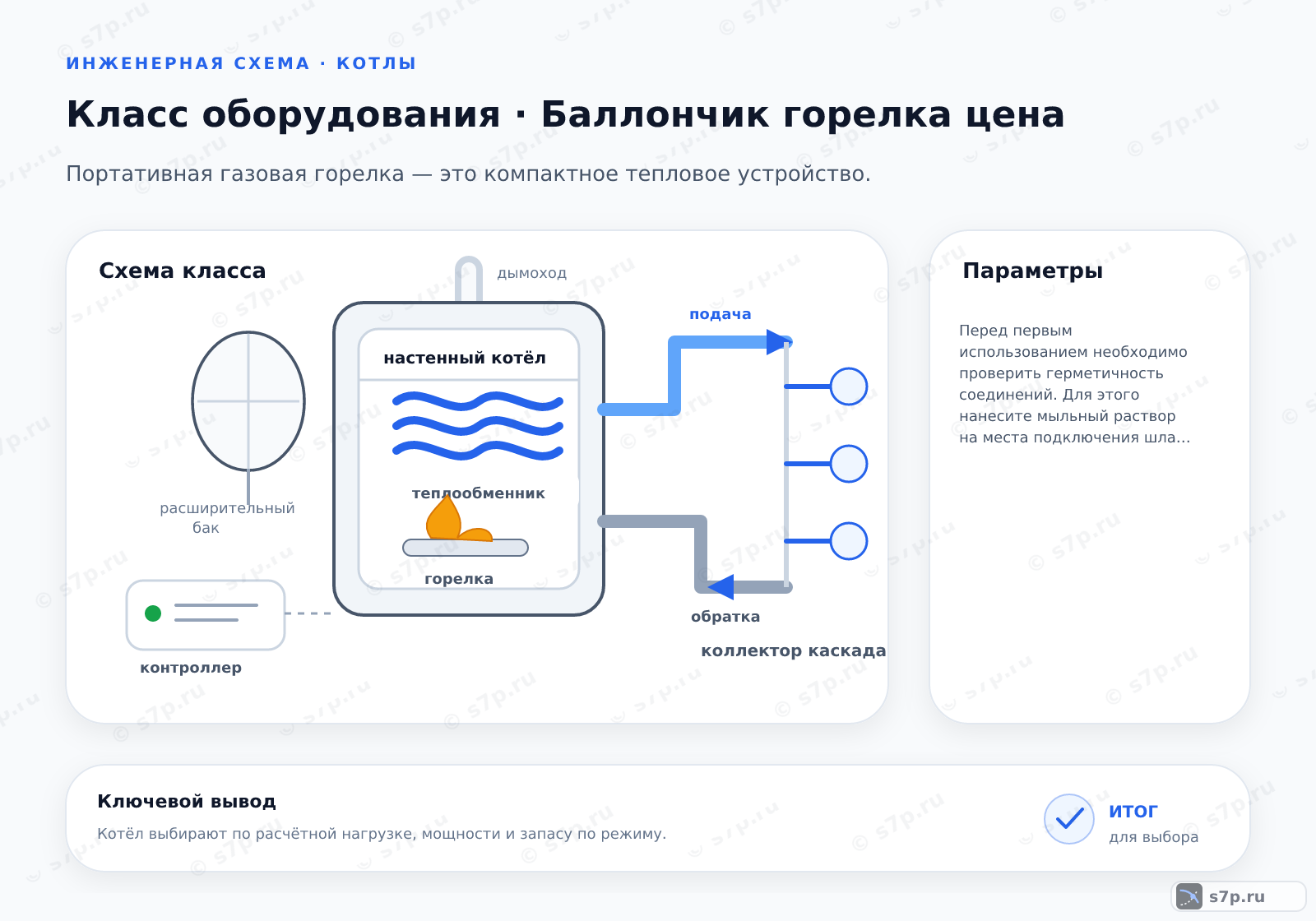 Схема класса «котёл» для темы «Баллончик горелка цена»: ключевые параметры — Перед первым использованием необходимо проверить герметичность соединений. Для этого нанесите мыльный раствор на места подключения шланга к баллону и редуктору. Если появляются мыльные пузыри, значит, есть утечка газа. В таком случае соединение нужно затянуть или заменить уплотнительное кольцо. Никогда не используйте для проверки открытый огонь.; Портативная газовая горелка — это компактное тепловое устройство, предназначенное для сжигания сжиженного углеводородного газа из баллона с целью нагрева или приготовления пищи.