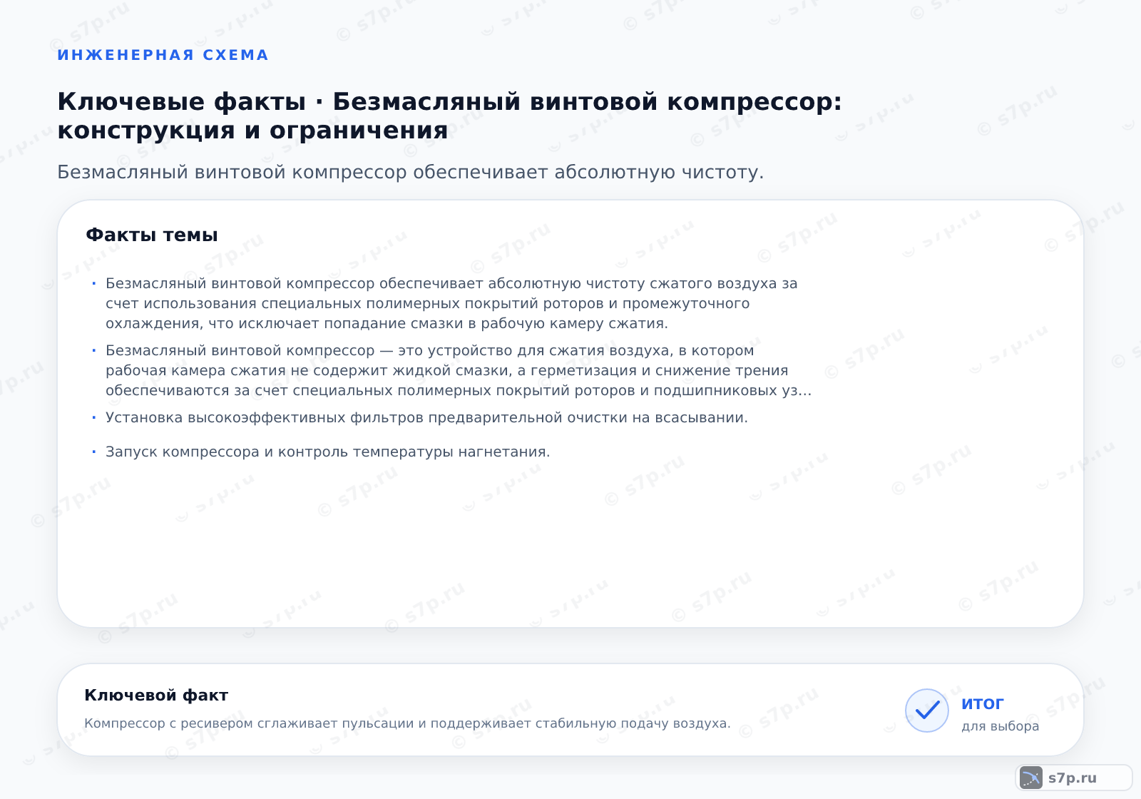 Карточки ключевых значений темы «Безмасляный винтовой компрессор: конструкция и ограничения»: Безмасляный винтовой компрессор обеспечивает абсолютную чистоту сжатого воздуха за счет использования специальных полимерных покрытий роторов и промежуточного охлаждения, что исключает попадание смазки в рабочую камеру сжатия.; Безмасляный винтовой компрессор — это устройство для сжатия воздуха, в котором рабочая камера сжатия не содержит жидкой смазки, а герметизация и снижение трения обеспечиваются за счет специальных полимерных покрытий роторов и подшипниковых узлов, не контактирующих со сжимаемой средой.