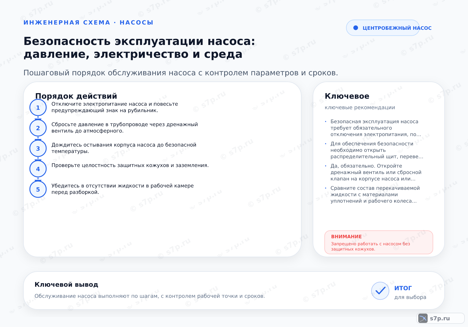 Hero-инфографика темы «Безопасность эксплуатации насоса: давление, электричество и среда»: насос; ключевые данные: температура среды — 85 °C