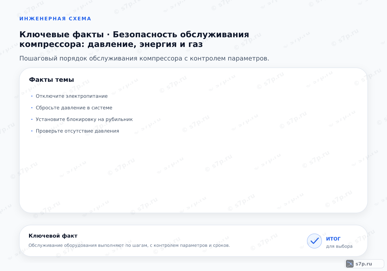 Карточки ключевых значений темы «Безопасность обслуживания компрессора: давление, энергия и газ»: Отключите электропитание; Сбросьте давление в системе