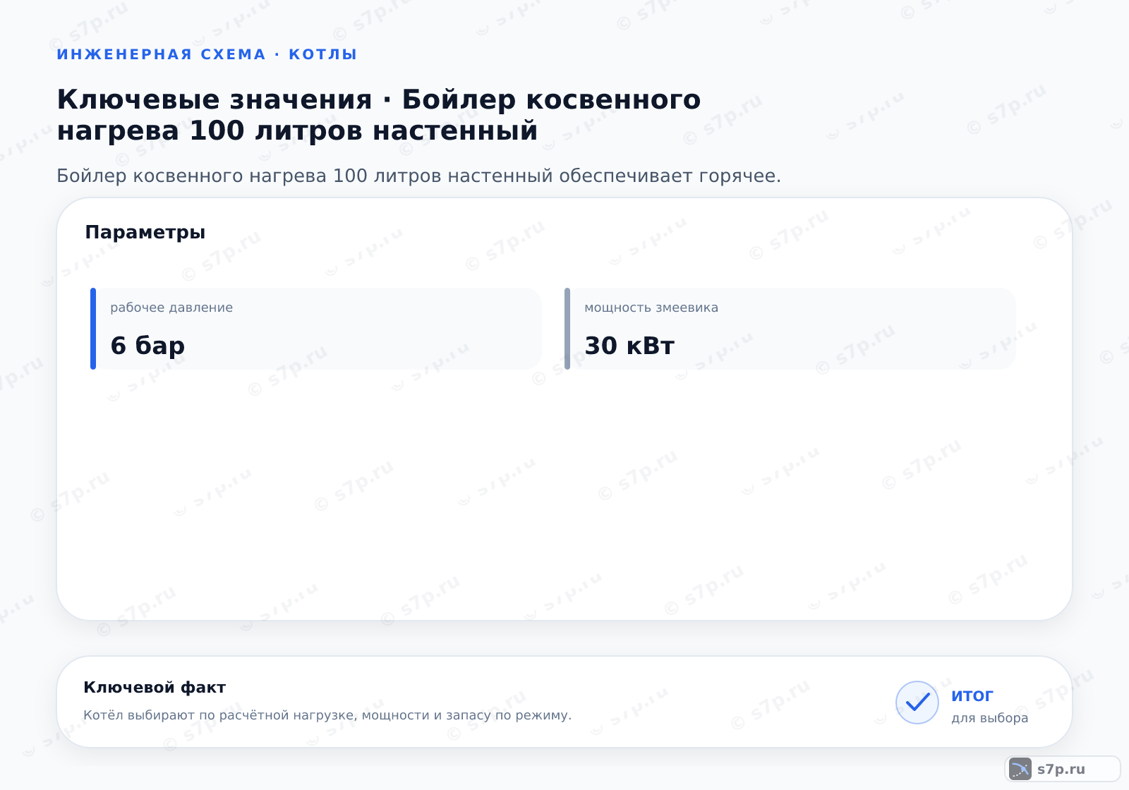 Карточки ключевых значений темы «Бойлер косвенного нагрева 100 литров настенный»: рабочее давление — 6 бар