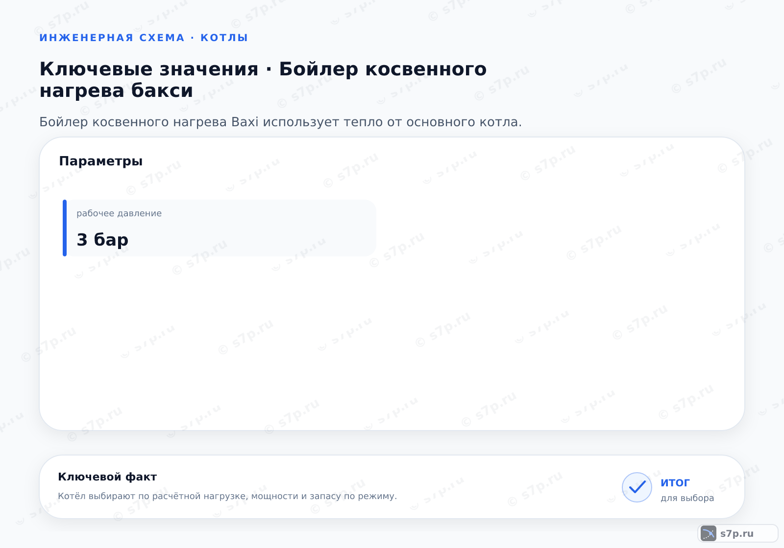 Карточки ключевых значений темы «Бойлер косвенного нагрева бакси»: рабочее давление — 3 бар