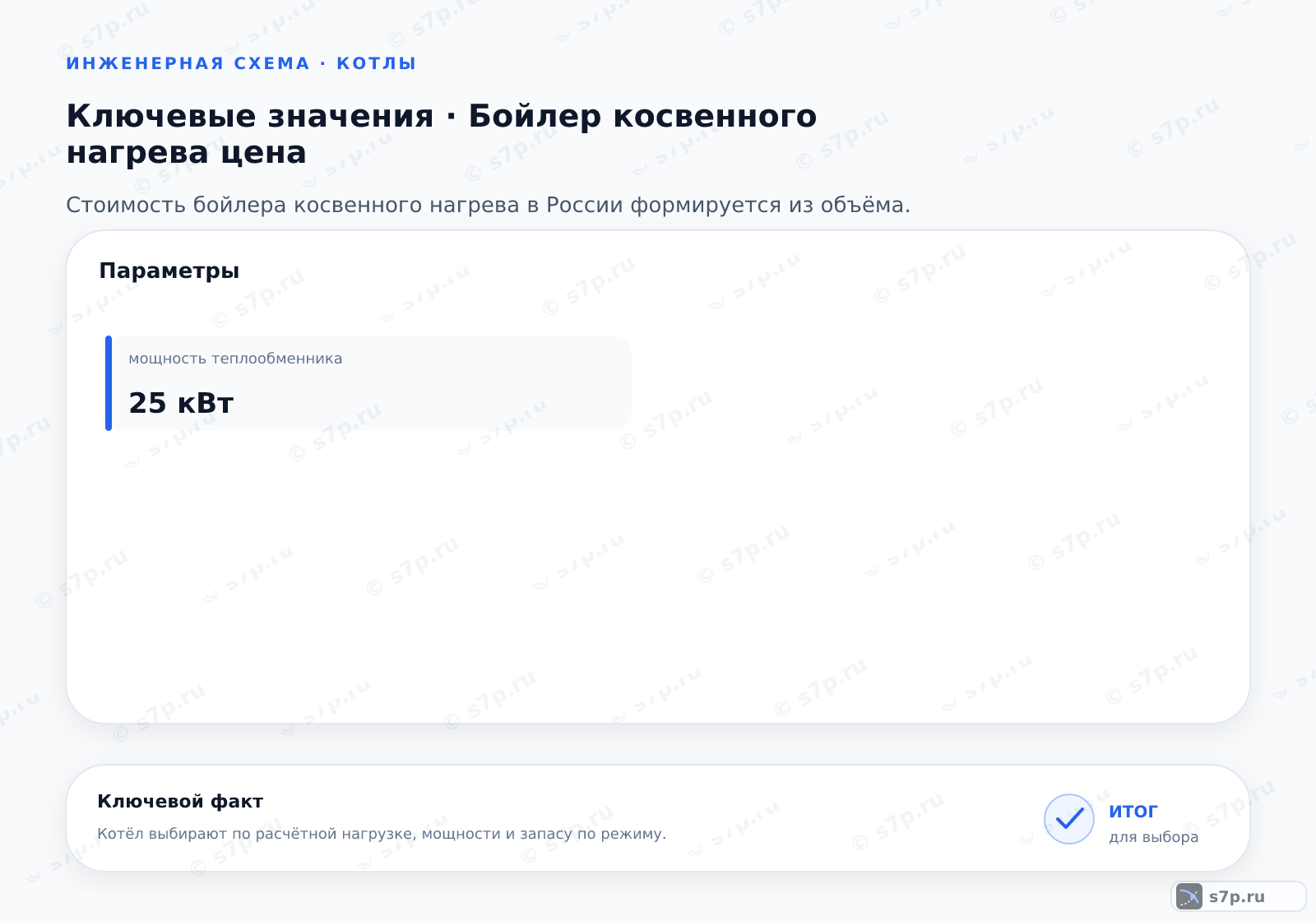 Карточки ключевых значений темы «Бойлер косвенного нагрева цена»: мощность теплообменника — 25 кВт