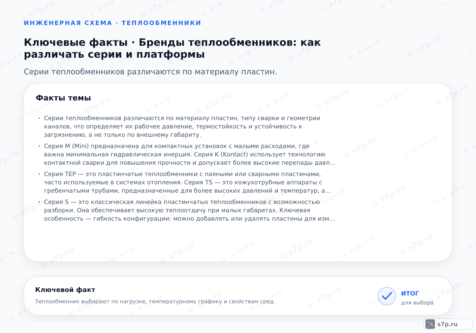 Карточки ключевых значений темы «Бренды теплообменников: как различать серии и платформы»: Серии теплообменников различаются по материалу пластин, типу сварки и геометрии каналов, что определяет их рабочее давление, термостойкость и устойчивость к загрязнению, а не только по внешнему габариту.; Серия M (Mini) предназначена для компактных установок с малыми расходами, где важна минимальная гидравлическая инерция. Серия K (Kontact) использует технологию контактной сварки для повышения прочности и допускает более высокие перепады давлений. Выбор зависит от требуемой мощности и допустимого падения давления в системе.