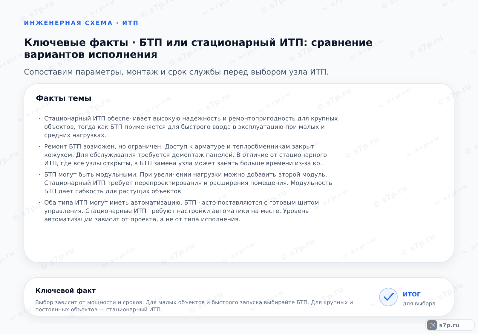 Карточки ключевых значений темы «БТП или стационарный ИТП: сравнение вариантов исполнения»: Стационарный ИТП обеспечивает высокую надежность и ремонтопригодность для крупных объектов, тогда как БТП применяется для быстрого ввода в эксплуатацию при малых и средних нагрузках.; Ремонт БТП возможен, но ограничен. Доступ к арматуре и теплообменникам закрыт кожухом. Для обслуживания требуется демонтаж панелей. В отличие от стационарного ИТП, где все узлы открыты, в БТП замена узла может занять больше времени из-за конструкции корпуса.