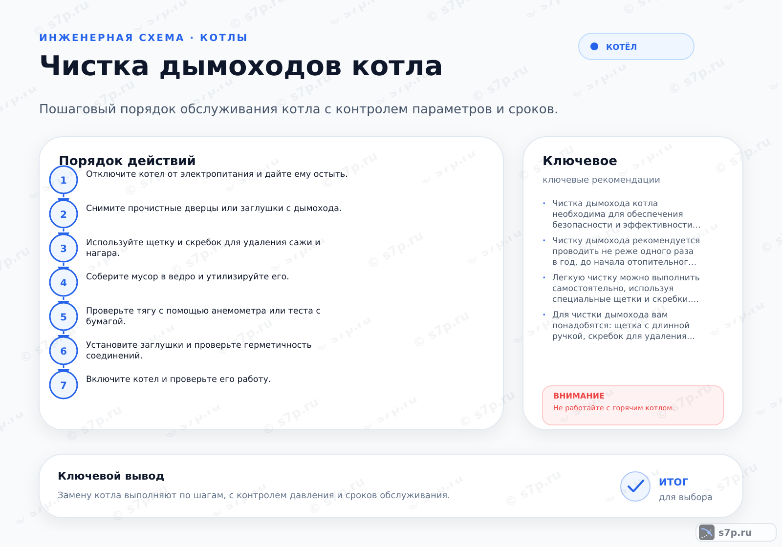 Hero-инфографика темы «Чистка дымоходов котла»: котёл; ключевые данные: частота чистки — 1 раз/год