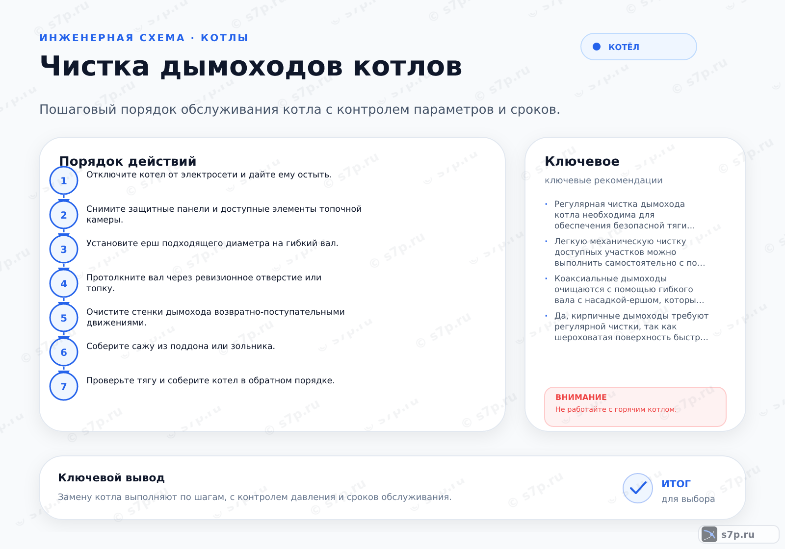 Hero-инфографика темы «Чистка дымоходов котлов»: котёл; ключевые данные: рабочее давление — 2 бар