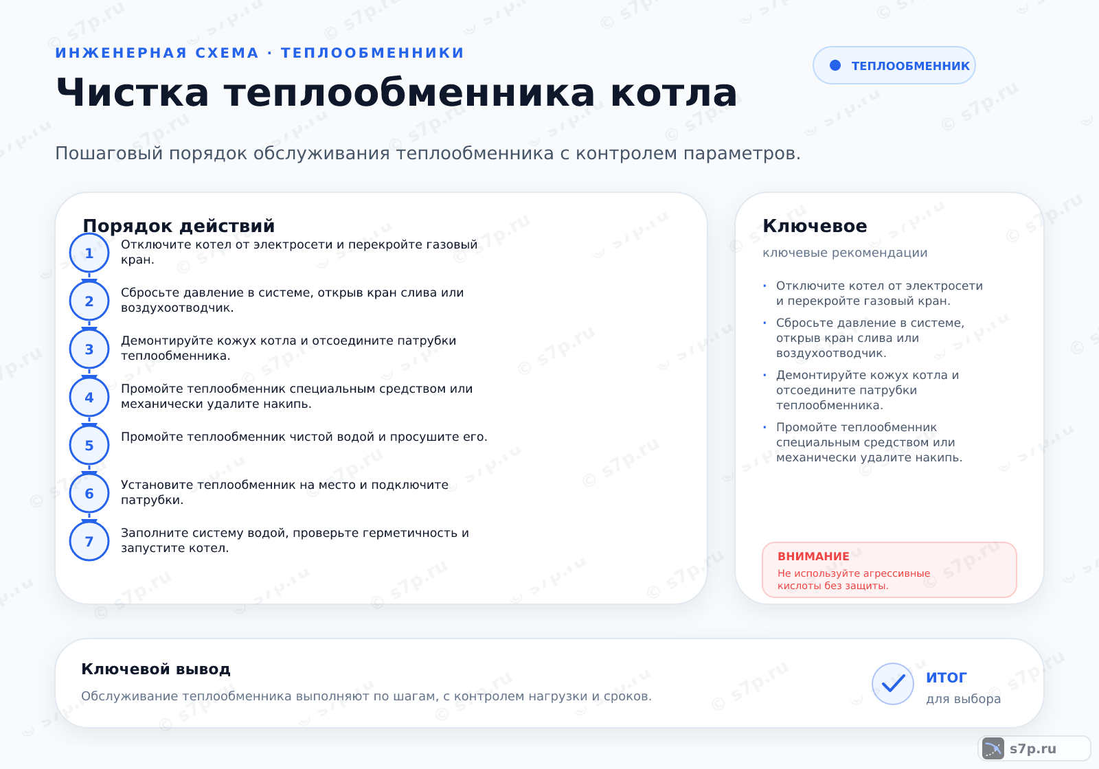 Hero-инфографика темы «Чистка теплообменника котла»: котёл; ключевые данные: рабочее давление — 2 бар