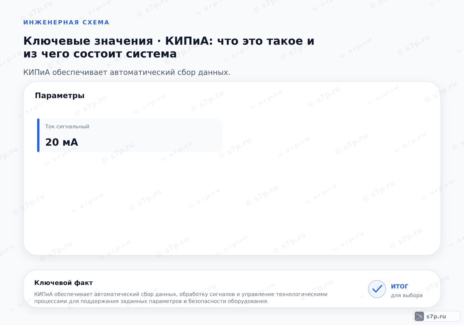 Карточки ключевых значений темы «КИПиА: что это такое и из чего состоит система»: Ток сигнальный — 20 мА