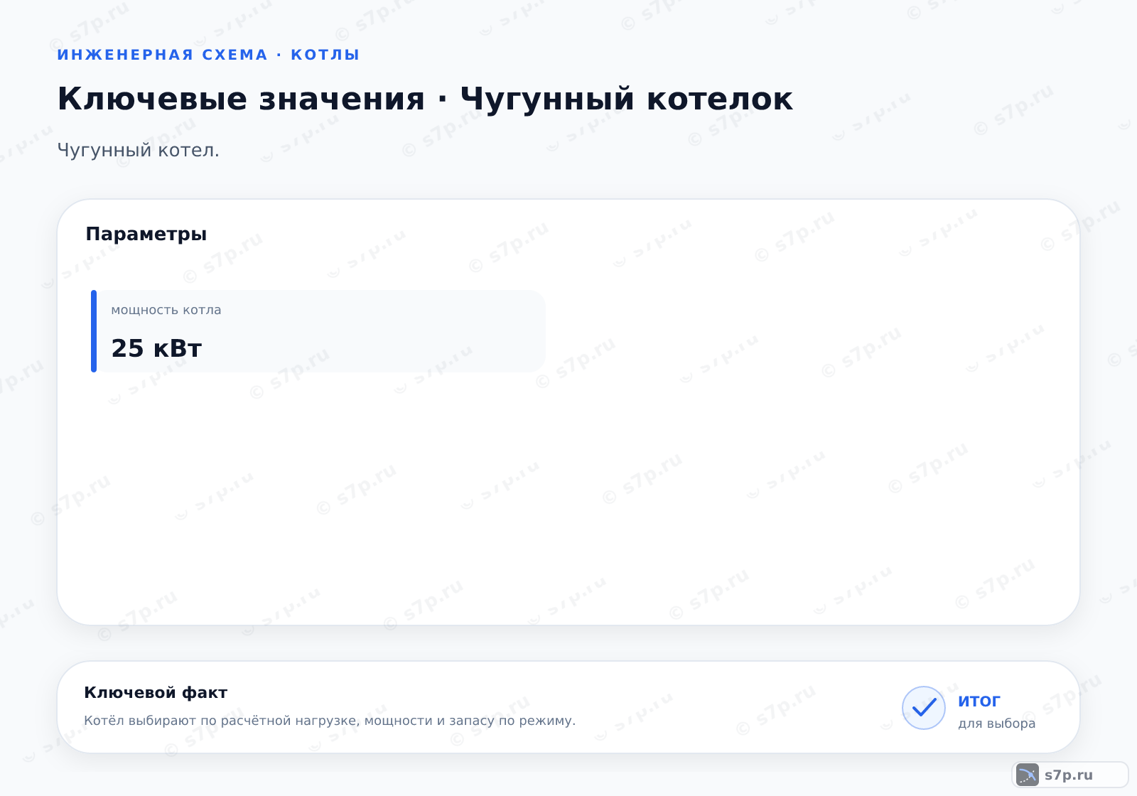 Карточки ключевых значений темы «Чугунный котелок»: мощность котла — 25 кВт
