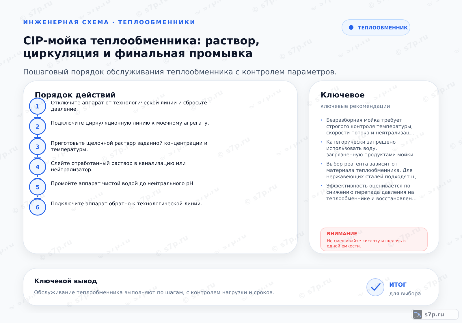 Hero-инфографика темы «CIP-мойка теплообменника: раствор, циркуляция и финальная промывка»: теплообменник; ключевые данные: температура мойки — 85 °C; скорость потока — 1,5 м/с