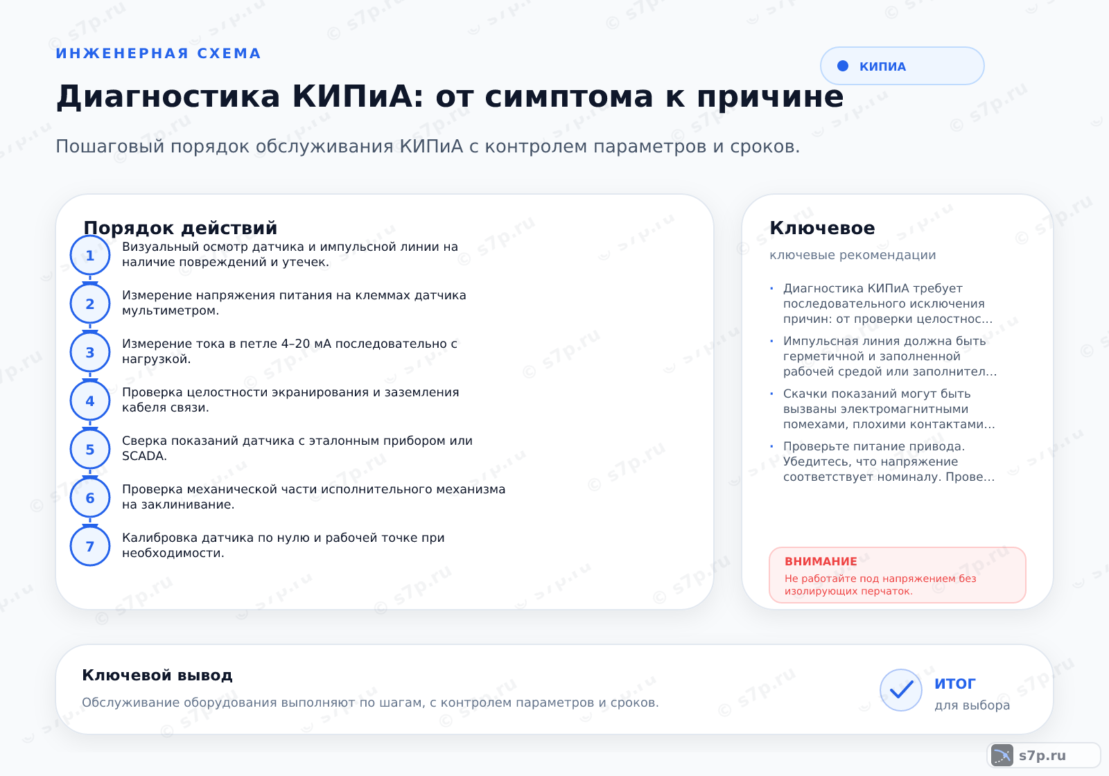 Hero-инфографика темы «Диагностика КИПиА: от симптома к причине»: КИПиА; ключевые данные: ток петли 4–20 мА — 20 мА; допустимое падение напряжения — 10 В