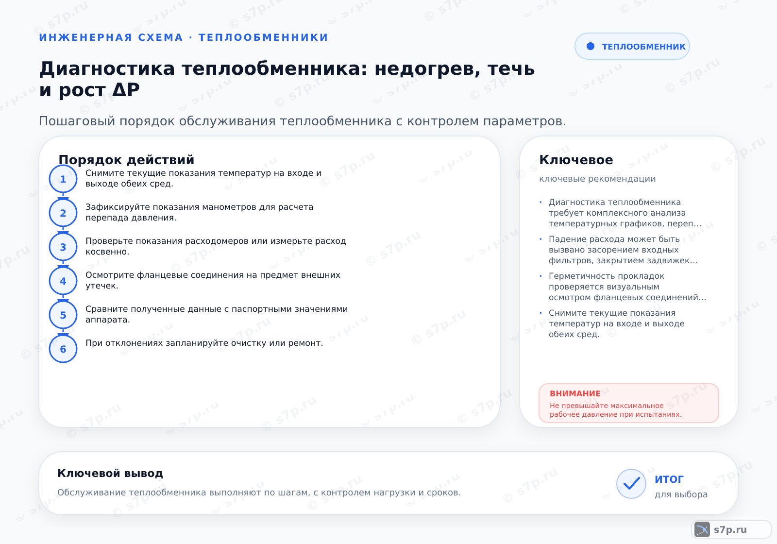 Hero-инфографика темы «Диагностика теплообменника: недогрев, течь и рост ΔP»: теплообменник; ключевые данные: Диагностика теплообменника требует комплексного анализа температурных графиков, перепада давления и герметичности, так как недогрев, рост сопротивления и течи имеют разные первопричины, требующие специфических методов проверки.; Падение расхода может быть вызвано засорением входных фильтров, закрытием задвижек или неисправностью насоса. Проверьте показания расходомеров и манометров до и после теплообменника. Если перепад давления на аппарате низкий, а расход мал, проблема вне теплообменника. Если перепад давления высокий, возможно, засорены трубы. Проверьте работу регуляторов расхода и их приводов. Убедитесь, что в системе нет воздушных пробок, блокирующих поток. Корректировка работы насоса или очистка фильтров должна восстановить проектный расход.