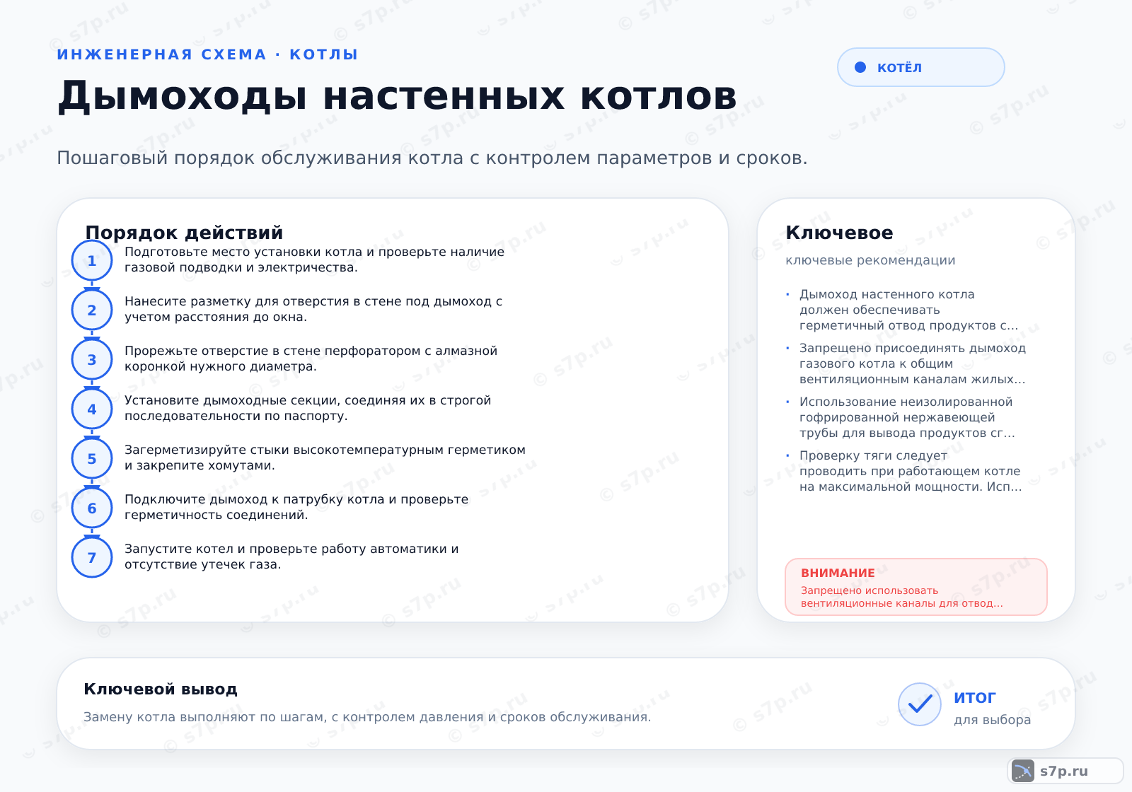 Hero-инфографика темы «Дымоходы настенных котлов»: котёл; ключевые данные: рабочее давление — 2 бар; диаметр коаксиала — 60 мм