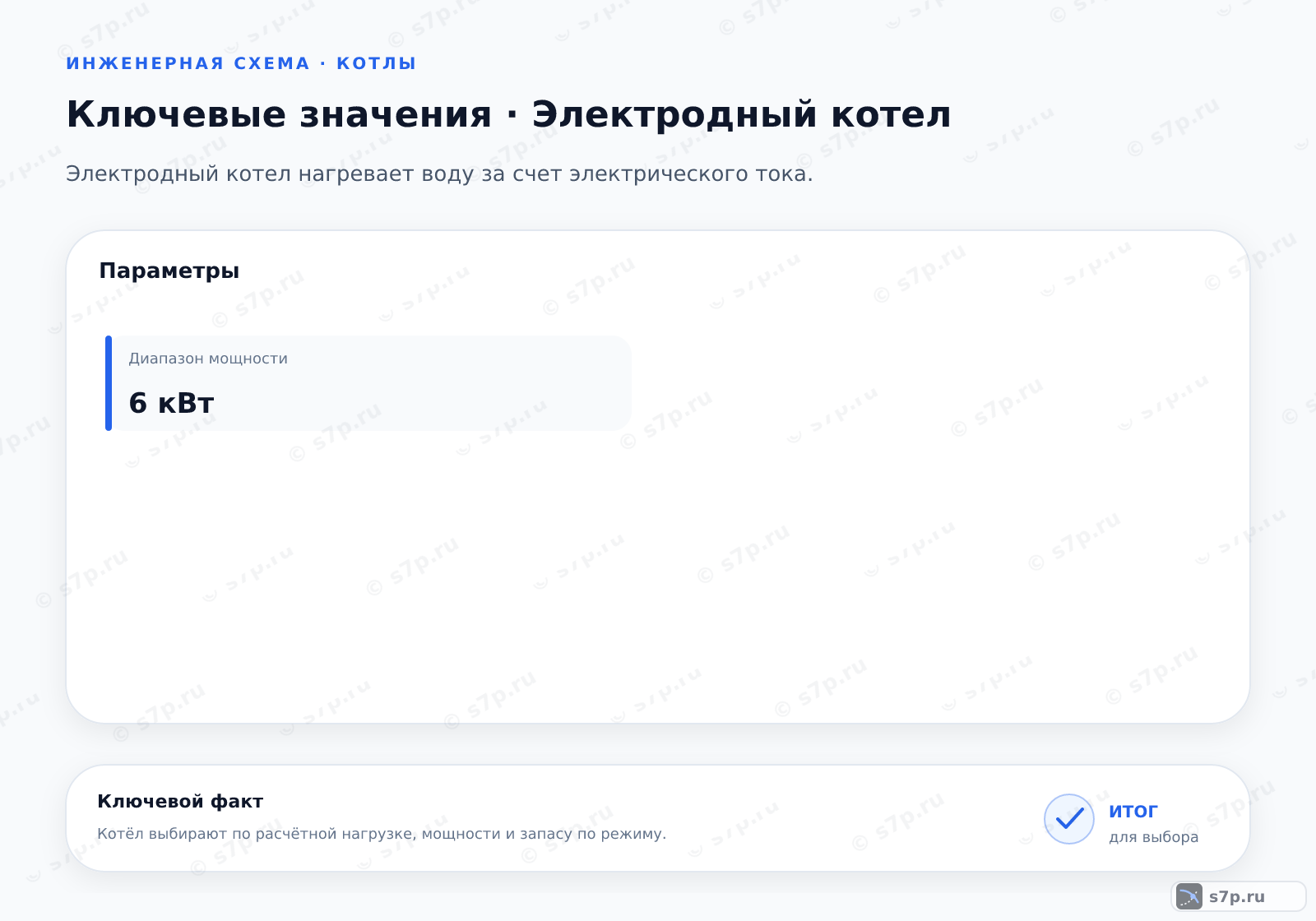 Карточки ключевых значений темы «Электродный котел»: Диапазон мощности — 6 кВт