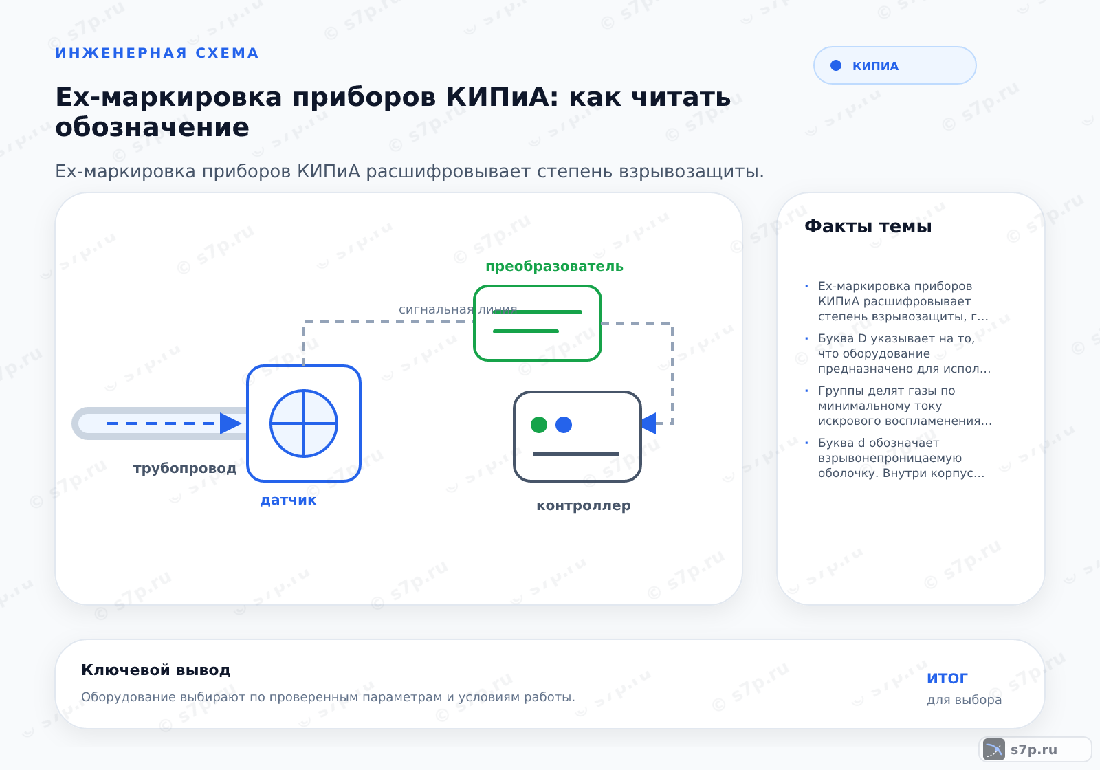 Hero-инфографика темы «Ex-маркировка приборов КИПиА: как читать обозначение»: КИПиА; ключевые данные: Ex-маркировка приборов КИПиА расшифровывает степень взрывозащиты, группу газов, температурный класс и уровень защиты, позволяя инженеру подобрать оборудование, безопасное для конкретной взрывоопасной зоны.; Буква D указывает на то, что оборудование предназначено для использования во взрывоопасных зонах с горючей пылью. Это вторая категория взрывоопасных смесей. Оборудование с маркировкой D защищено от проникновения пыли и имеет ограниченный нагрев поверхности. Такие приборы применяются на производствах, где есть угольная, алюминиевая или древесная пыль. Важно учитывать, что пыль может образовывать взрывоопасные облака или слои. Маркировка D всегда идет после указания метода защиты.