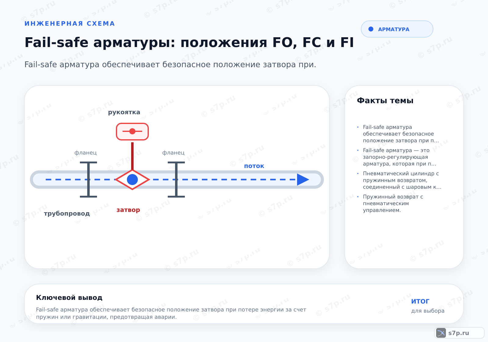 Hero-инфографика темы «Fail-safe арматуры: положения FO, FC и FI»: арматура; ключевые данные: Fail-safe арматура обеспечивает безопасное положение затвора при потере энергии за счет пружин или гравитации, предотвращая аварии.; Fail-safe арматура — это запорно-регулирующая арматура, которая при потере управляющего сигнала или энергии автоматически переходит в заранее заданное безопасное положение (открытое, закрытое или фиксированное) с помощью встроенных механизмов возврата, таких как пружины или гравитация.