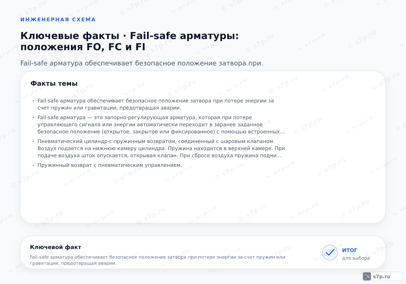 Карточки ключевых значений темы «Fail-safe арматуры: положения FO, FC и FI»: Fail-safe арматура обеспечивает безопасное положение затвора при потере энергии за счет пружин или гравитации, предотвращая аварии.; Fail-safe арматура — это запорно-регулирующая арматура, которая при потере управляющего сигнала или энергии автоматически переходит в заранее заданное безопасное положение (открытое, закрытое или фиксированное) с помощью встроенных механизмов возврата, таких как пружины или гравитация.