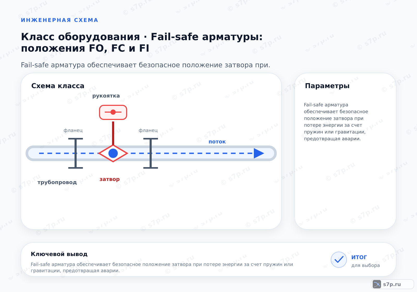 Схема класса «арматура» для темы «Fail-safe арматуры: положения FO, FC и FI»: ключевые параметры — Fail-safe арматура обеспечивает безопасное положение затвора при потере энергии за счет пружин или гравитации, предотвращая аварии.; Fail-safe арматура — это запорно-регулирующая арматура, которая при потере управляющего сигнала или энергии автоматически переходит в заранее заданное безопасное положение (открытое, закрытое или фиксированное) с помощью встроенных механизмов возврата, таких как пружины или гравитация.