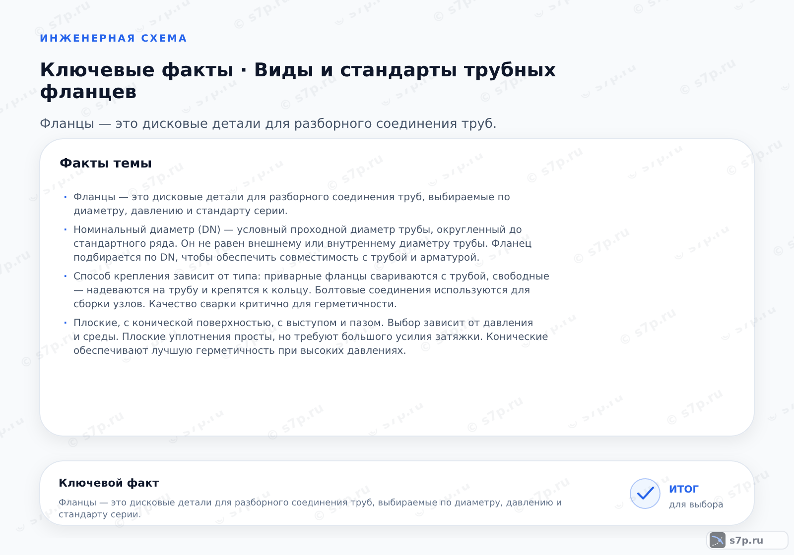 Карточки ключевых значений темы «Виды и стандарты трубных фланцев»: Фланцы — это дисковые детали для разборного соединения труб, выбираемые по диаметру, давлению и стандарту серии.; Номинальный диаметр (DN) — условный проходной диаметр трубы, округленный до стандартного ряда. Он не равен внешнему или внутреннему диаметру трубы. Фланец подбирается по DN, чтобы обеспечить совместимость с трубой и арматурой.