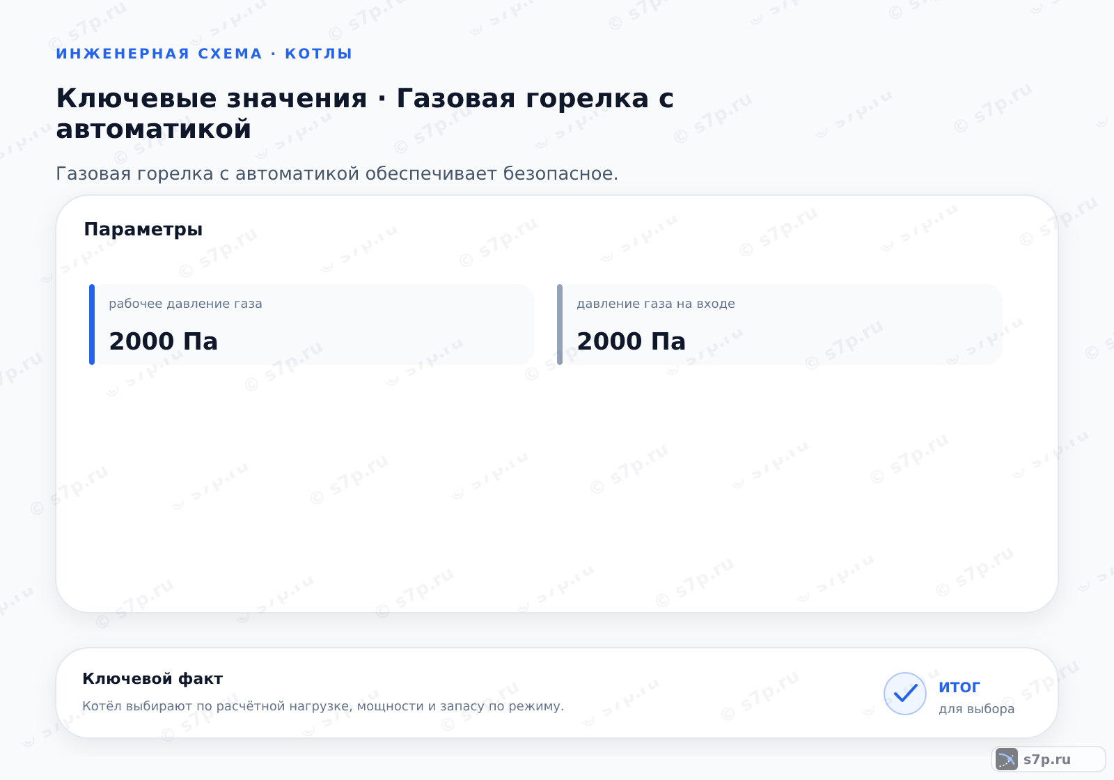 Карточки ключевых значений темы «Газовая горелка с автоматикой»: рабочее давление газа — 2000 Па; давление газа на входе — 2000 Па