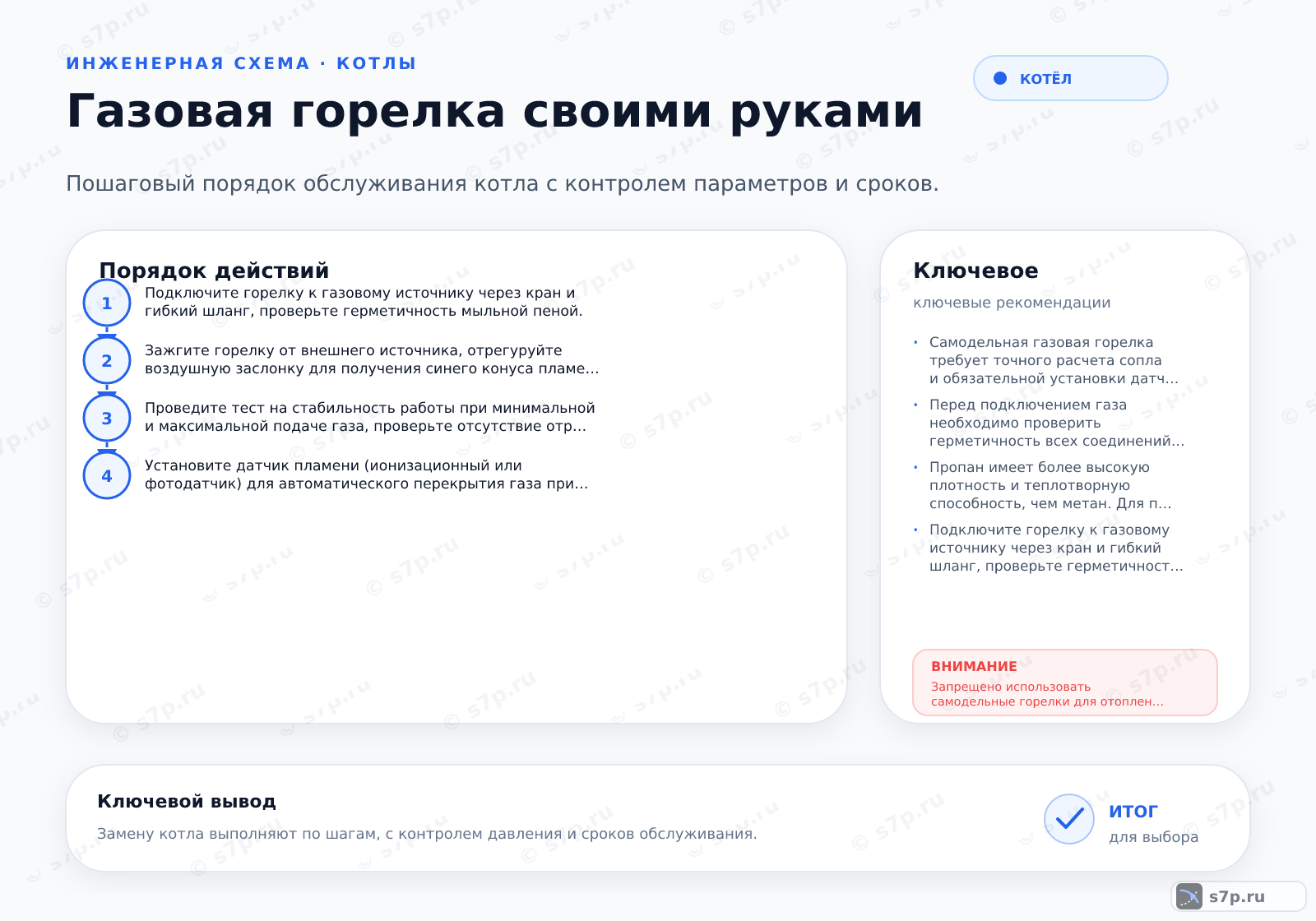 Hero-инфографика темы «Газовая горелка своими руками»: котёл; ключевые данные: рабочее давление газа — 2000 Па