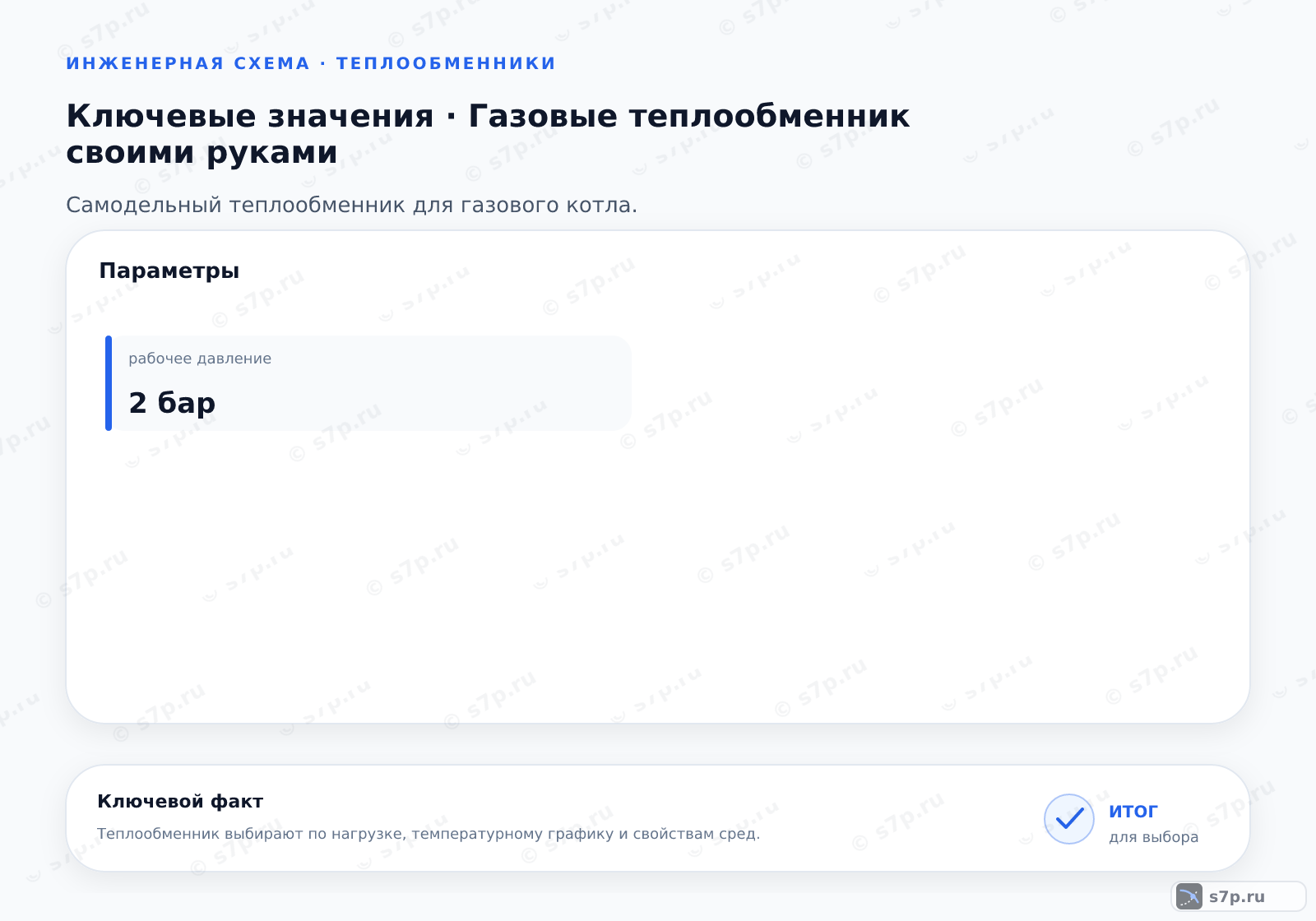 Карточки ключевых значений темы «Газовые теплообменник своими руками»: рабочее давление — 2 бар