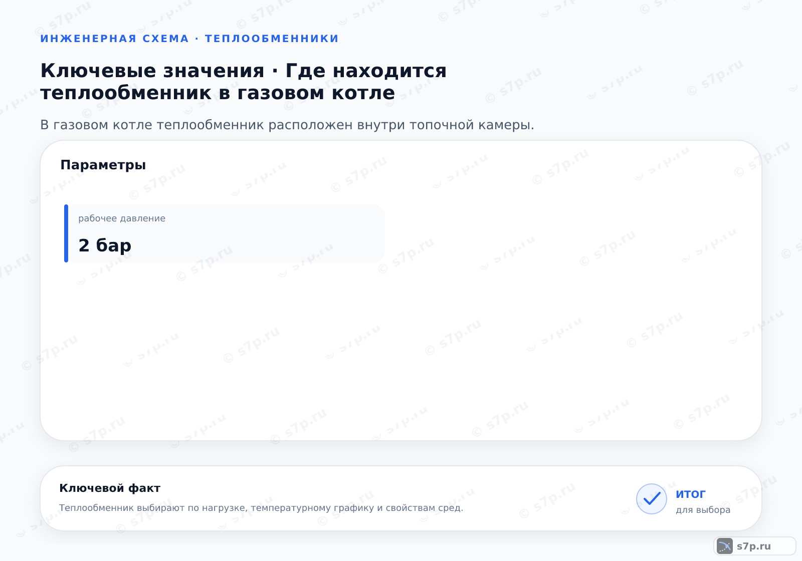 Карточки ключевых значений темы «Где находится теплообменник в газовом котле»: рабочее давление — 2 бар