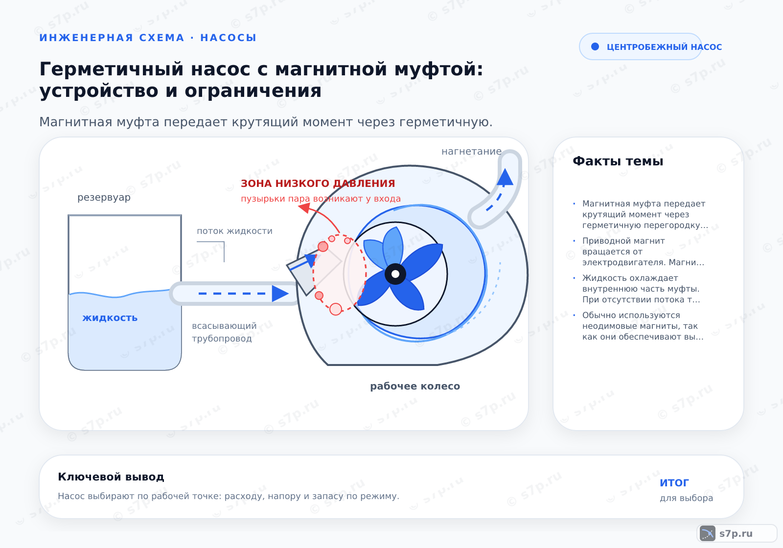 Hero-инфографика темы «Герметичный насос с магнитной муфтой: устройство и ограничения»: насос; ключевые данные: Магнитная муфта передает крутящий момент через герметичную перегородку, полностью исключая проход вала наружу и обеспечивая абсолютную герметичность рабочей камеры.; Приводной магнит вращается от электродвигателя. Магнитное поле проходит через разделительную оболочку (статор) и заставляет вращаться ведомый магнит, соединенный с рабочим колесом. Сила сцепления зависит от зазора и материала магнитов. Это позволяет вращать вал внутри насоса без механического уплотнения.