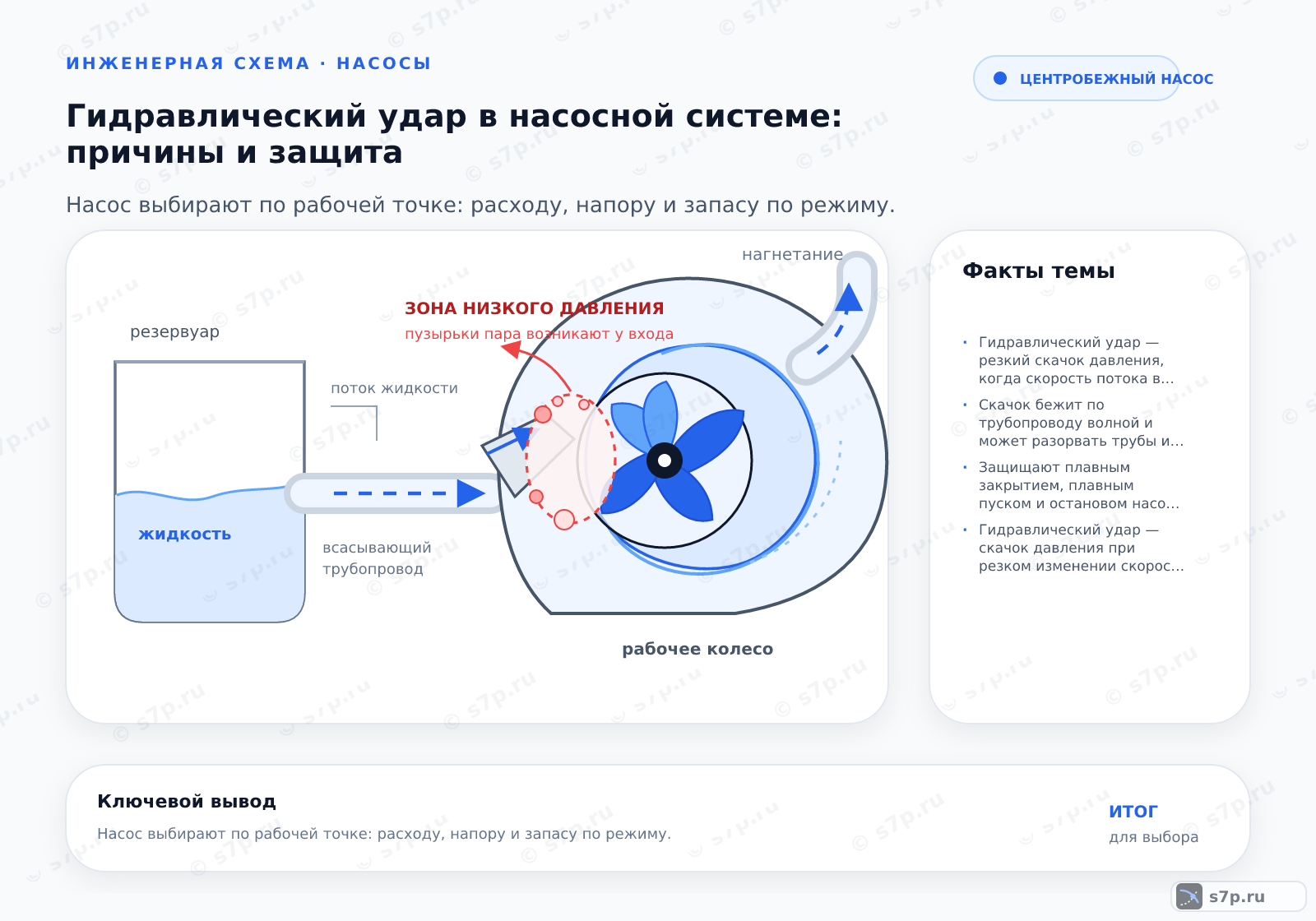 Hero-инфографика темы «Гидравлический удар в насосной системе: причины и защита»: насос; ключевые данные: Гидравлический удар — резкий скачок давления, когда скорость потока в трубе быстро меняется: при резком закрытии задвижки или внезапном останове насоса; Скачок бежит по трубопроводу волной и может разорвать трубы и повредить арматуру