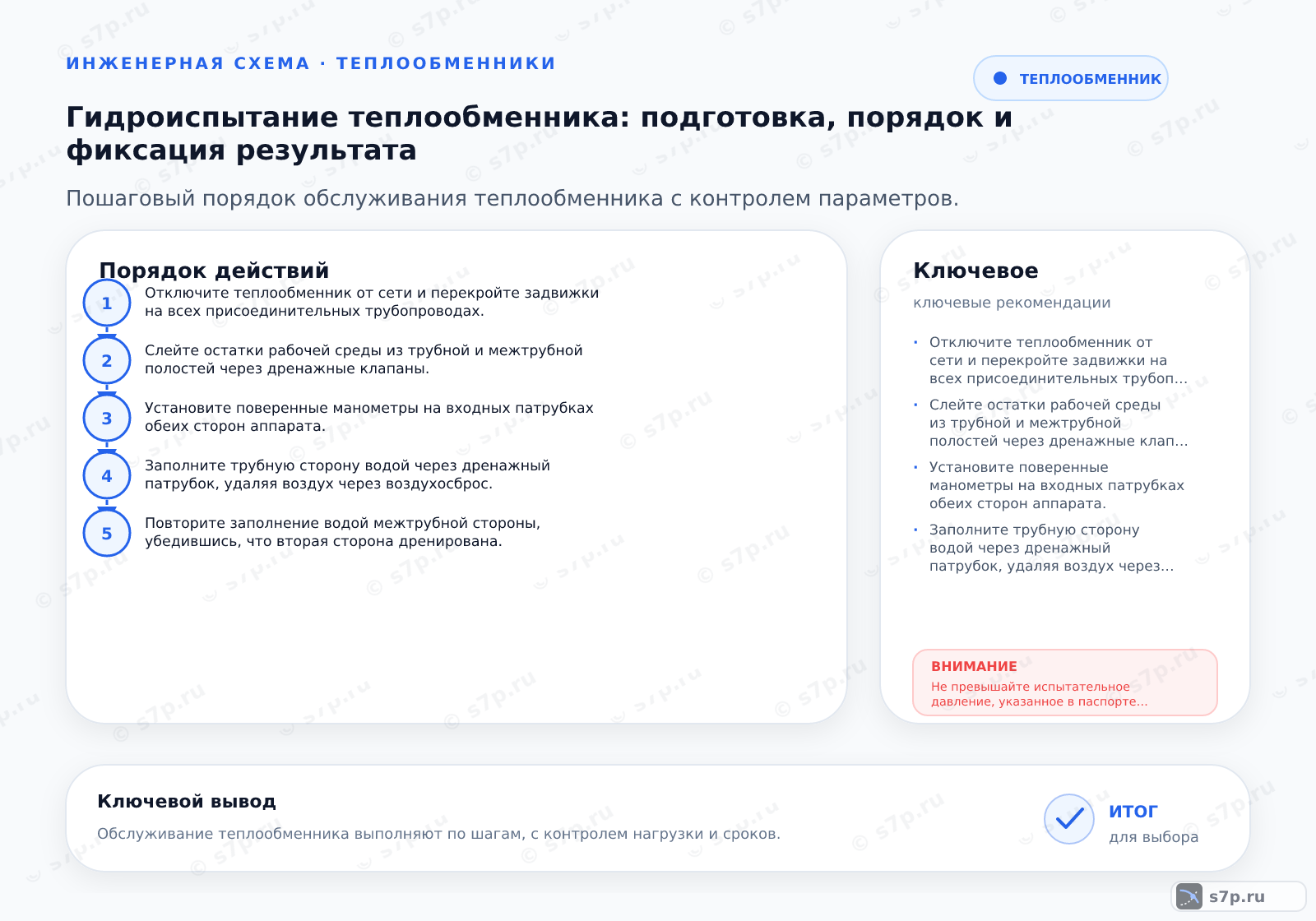 Hero-инфографика темы «Гидроиспытание теплообменника: подготовка, порядок и фиксация результата»: теплообменник; ключевые данные: Отключите теплообменник от сети и перекройте задвижки на всех присоединительных трубопроводах.; Слейте остатки рабочей среды из трубной и межтрубной полостей через дренажные клапаны.