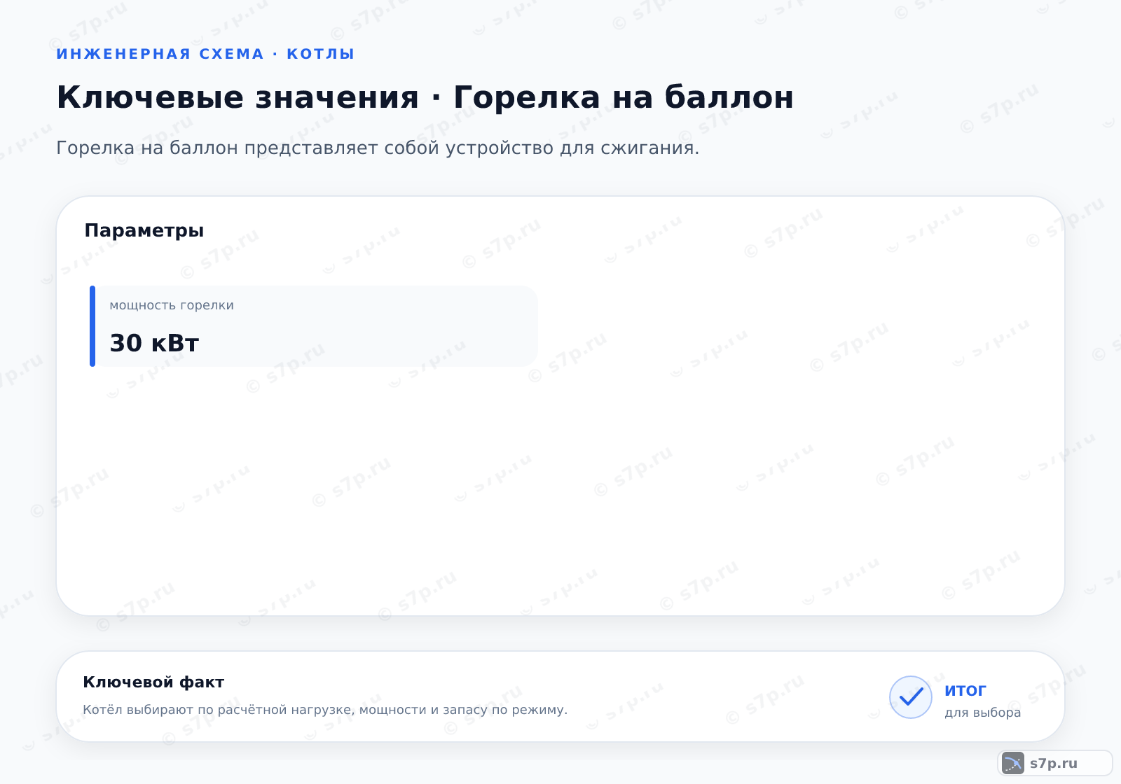 Карточки ключевых значений темы «Горелка на баллон»: мощность горелки — 30 кВт
