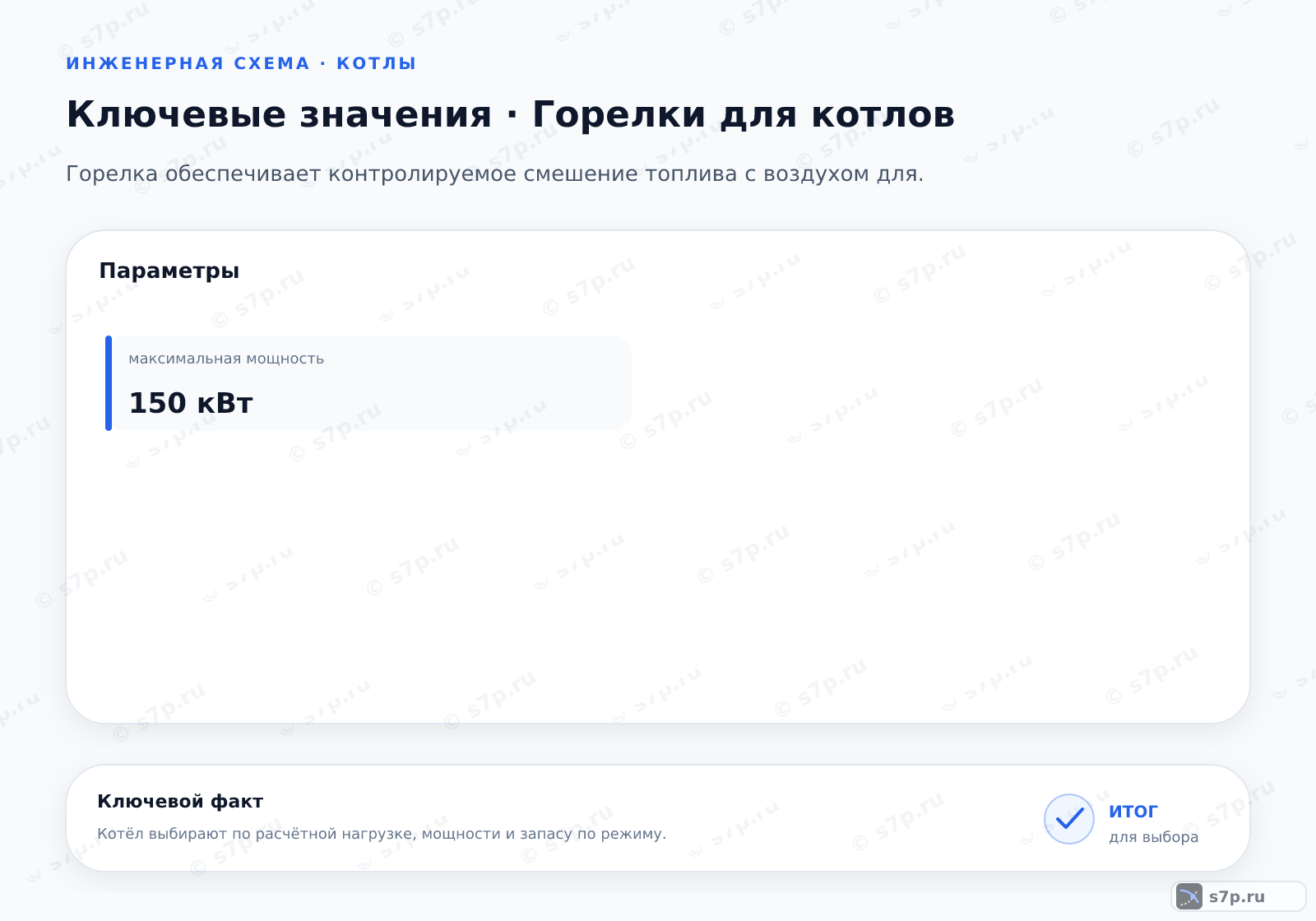 Карточки ключевых значений темы «Горелки для котлов»: максимальная мощность — 150 кВт