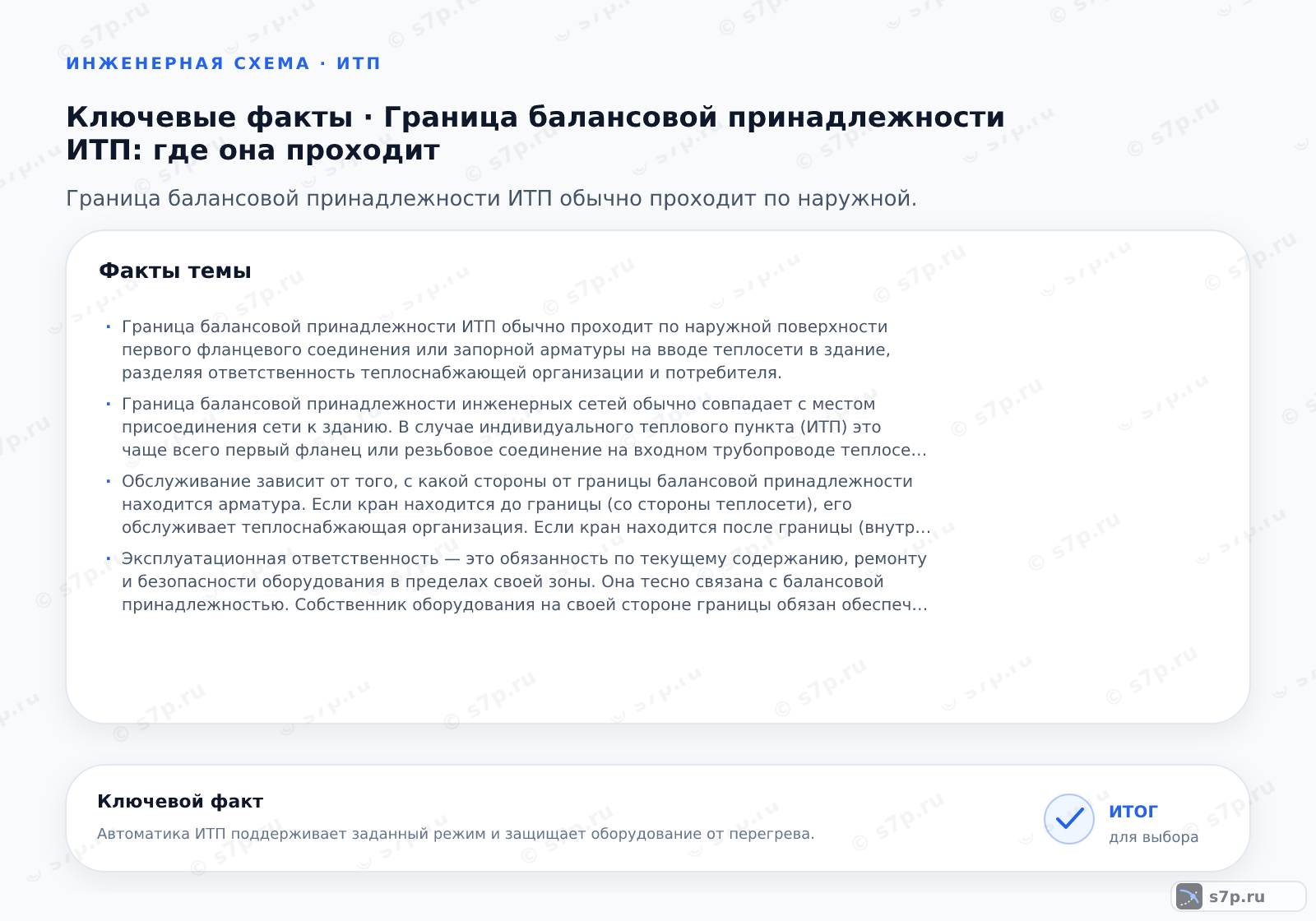 Карточки ключевых значений темы «Граница балансовой принадлежности ИТП: где она проходит»: Граница балансовой принадлежности ИТП обычно проходит по наружной поверхности первого фланцевого соединения или запорной арматуры на вводе теплосети в здание, разделяя ответственность теплоснабжающей организации и потребителя.; Граница балансовой принадлежности инженерных сетей обычно совпадает с местом присоединения сети к зданию. В случае индивидуального теплового пункта (ИТП) это чаще всего первый фланец или резьбовое соединение на входном трубопроводе теплосети. До этой точки (внешняя сторона) отвечает теплоснабжающая организация, после этой точки (внутренняя сторона, включая сам ИТП) — собственник здания. Точное место фиксируется в договоре теплоснабжения и акте разграничения балансовой принадлежности.