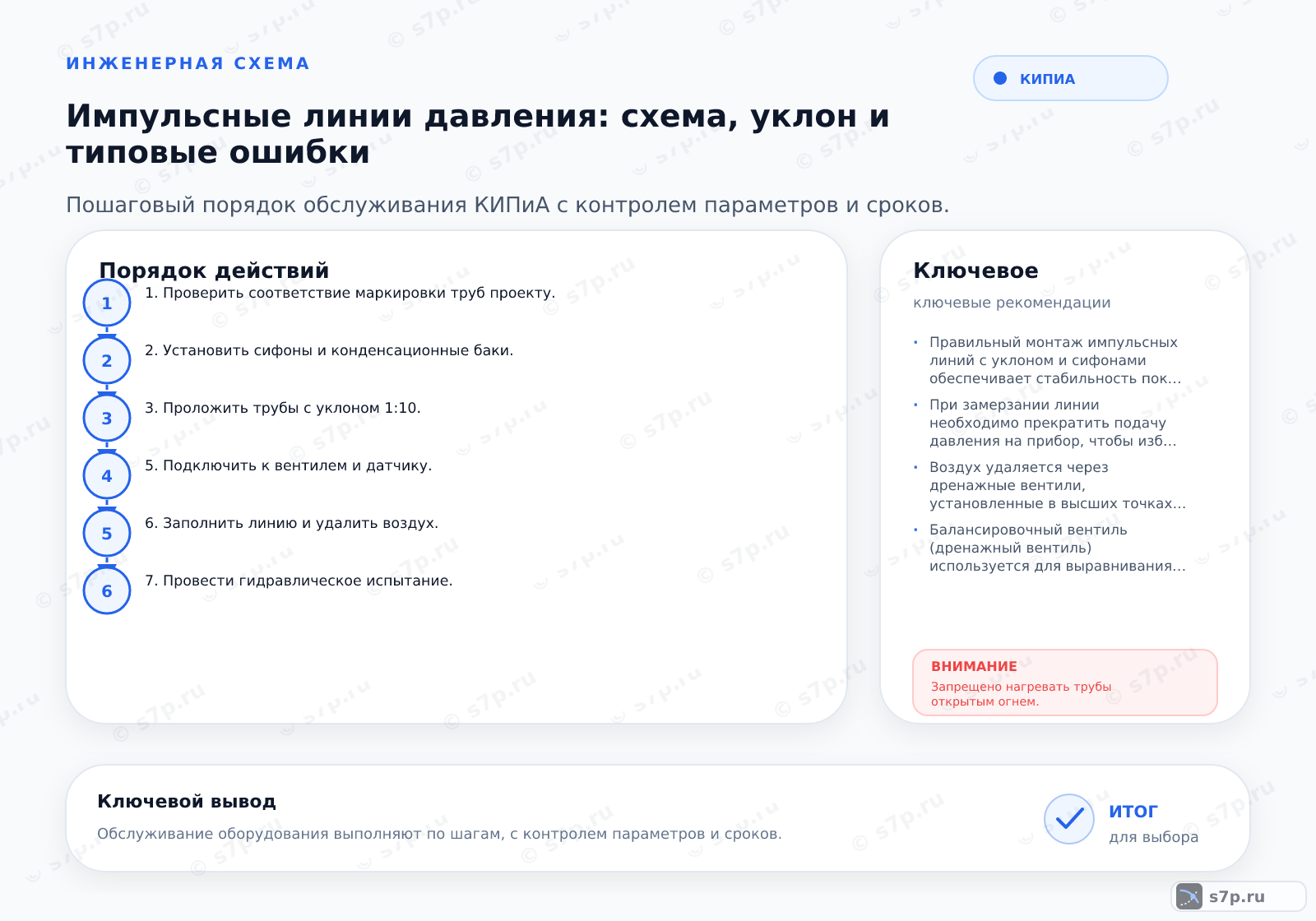Hero-инфографика темы «Импульсные линии давления: схема, уклон и типовые ошибки»: КИПиА; ключевые данные: высота сифона — 500 мм