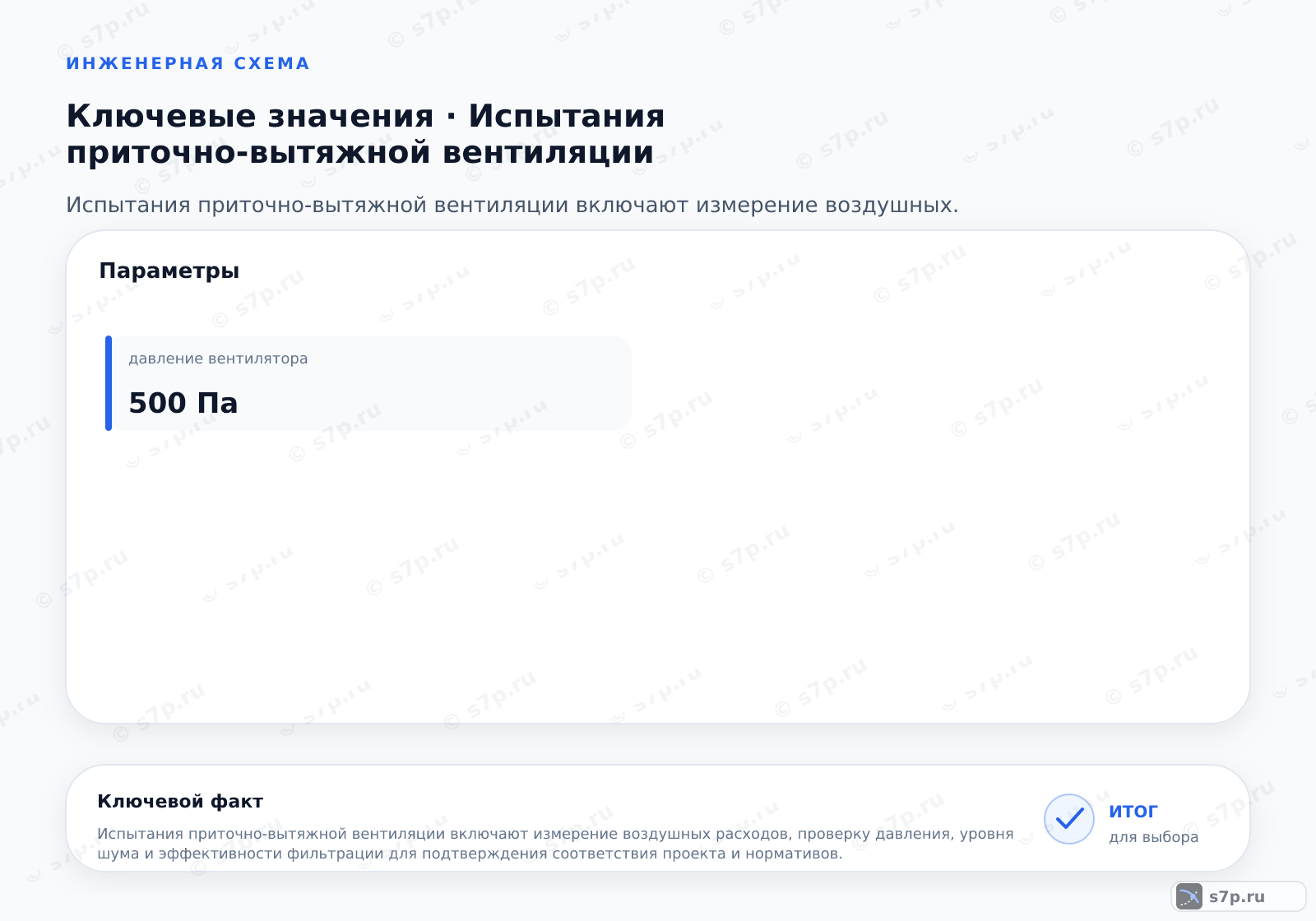 Карточки ключевых значений темы «Испытания приточно-вытяжной вентиляции»: давление вентилятора — 500 Па