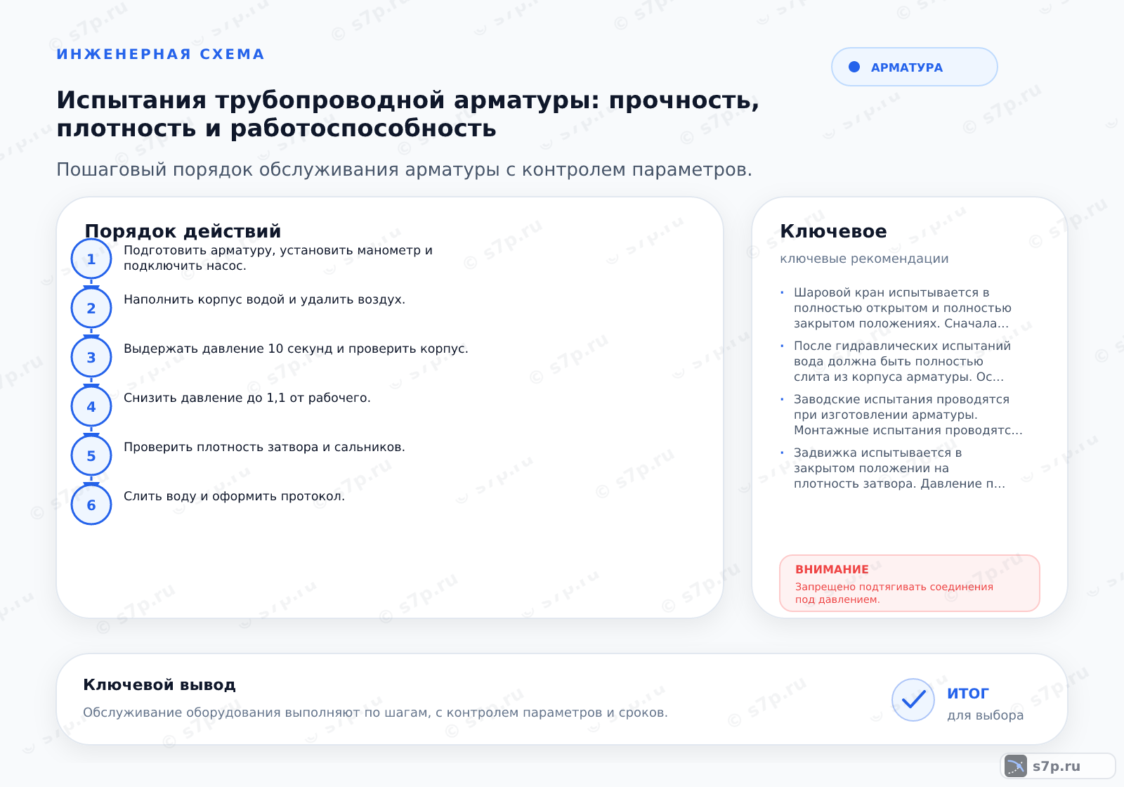 Hero-инфографика темы «Испытания трубопроводной арматуры: прочность, плотность и работоспособность»: арматура; ключевые данные: Шаровой кран испытывается в полностью открытом и полностью закрытом положениях. Сначала проверяется прочность корпуса под давлением. Затем, при закрытом затворе, проверяется плотность седла с обеих сторон. При открытом затворе проверяется герметичность сальниковых уплотнений. Утечка через затвор не должна превышать норму, указанную в паспорте изделия.; После гидравлических испытаний вода должна быть полностью слита из корпуса арматуры. Остаточная влага может вызвать коррозию внутренних поверхностей, особенно у стальных и чугунных изделий. Если арматура предназначена для работы с агрессивными средами или в условиях отрицательных температур, требуется обязательная сушка и продувка сжатым воздухом.