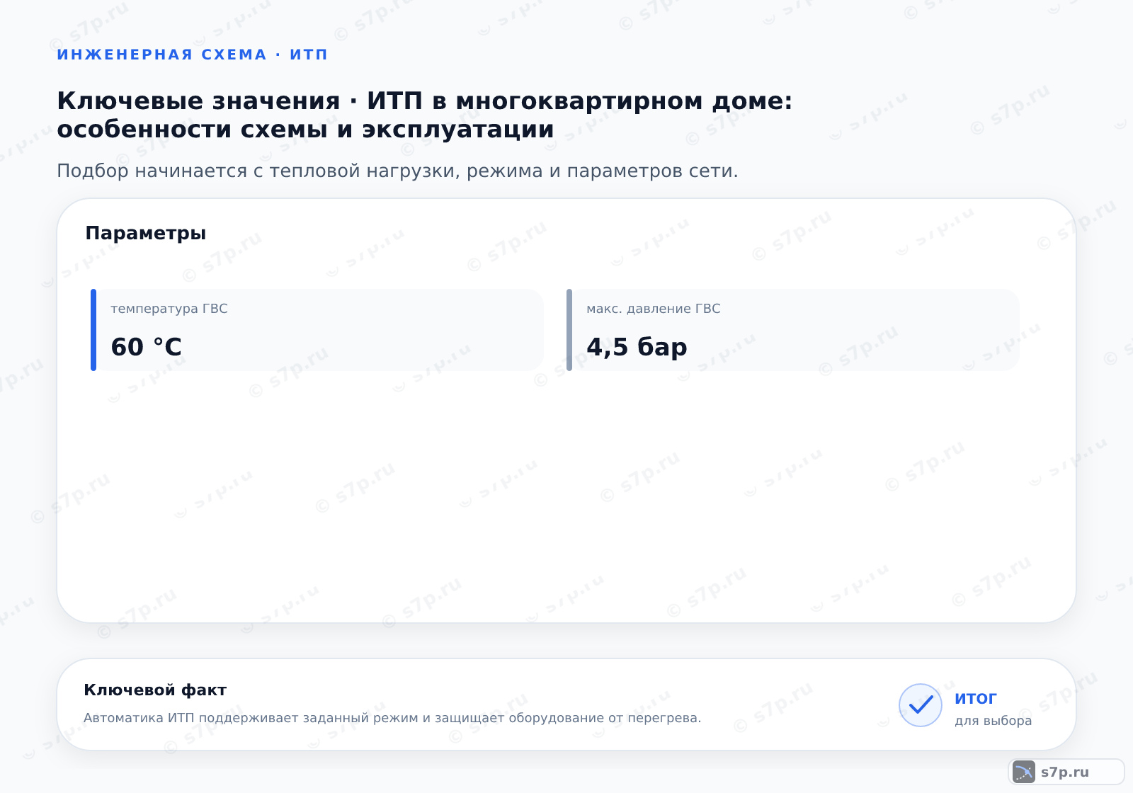 Карточки ключевых значений темы «ИТП в многоквартирном доме: особенности схемы и эксплуатации»: температура ГВС — 60 °C