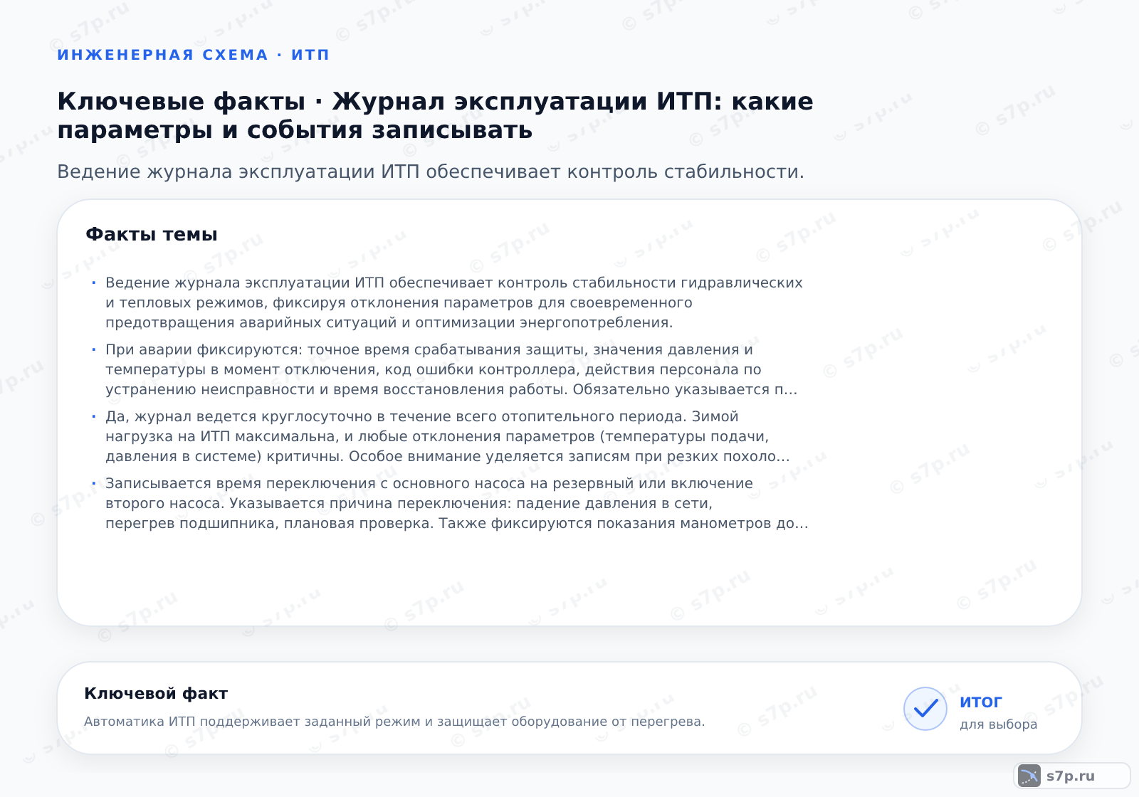 Карточки ключевых значений темы «Журнал эксплуатации ИТП: какие параметры и события записывать»: Ведение журнала эксплуатации ИТП обеспечивает контроль стабильности гидравлических и тепловых режимов, фиксируя отклонения параметров для своевременного предотвращения аварийных ситуаций и оптимизации энергопотребления.; При аварии фиксируются: точное время срабатывания защиты, значения давления и температуры в момент отключения, код ошибки контроллера, действия персонала по устранению неисправности и время восстановления работы. Обязательно указывается причина аварии, если она установлена (например, разрыв мембраны расширительного бака или отказ циркуляционного насоса). Это необходимо для анализа причин и предотвращения повторения инцидента.