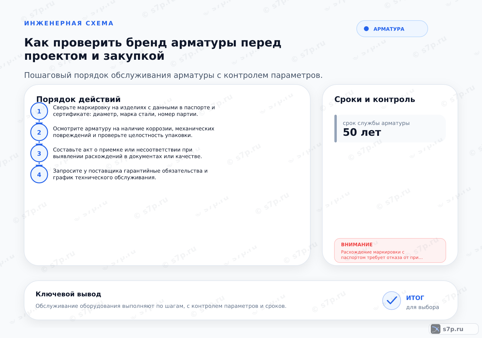 Hero-инфографика темы «Как проверить бренд арматуры перед проектом и закупкой»: арматура; ключевые данные: срок службы арматуры — 50 лет